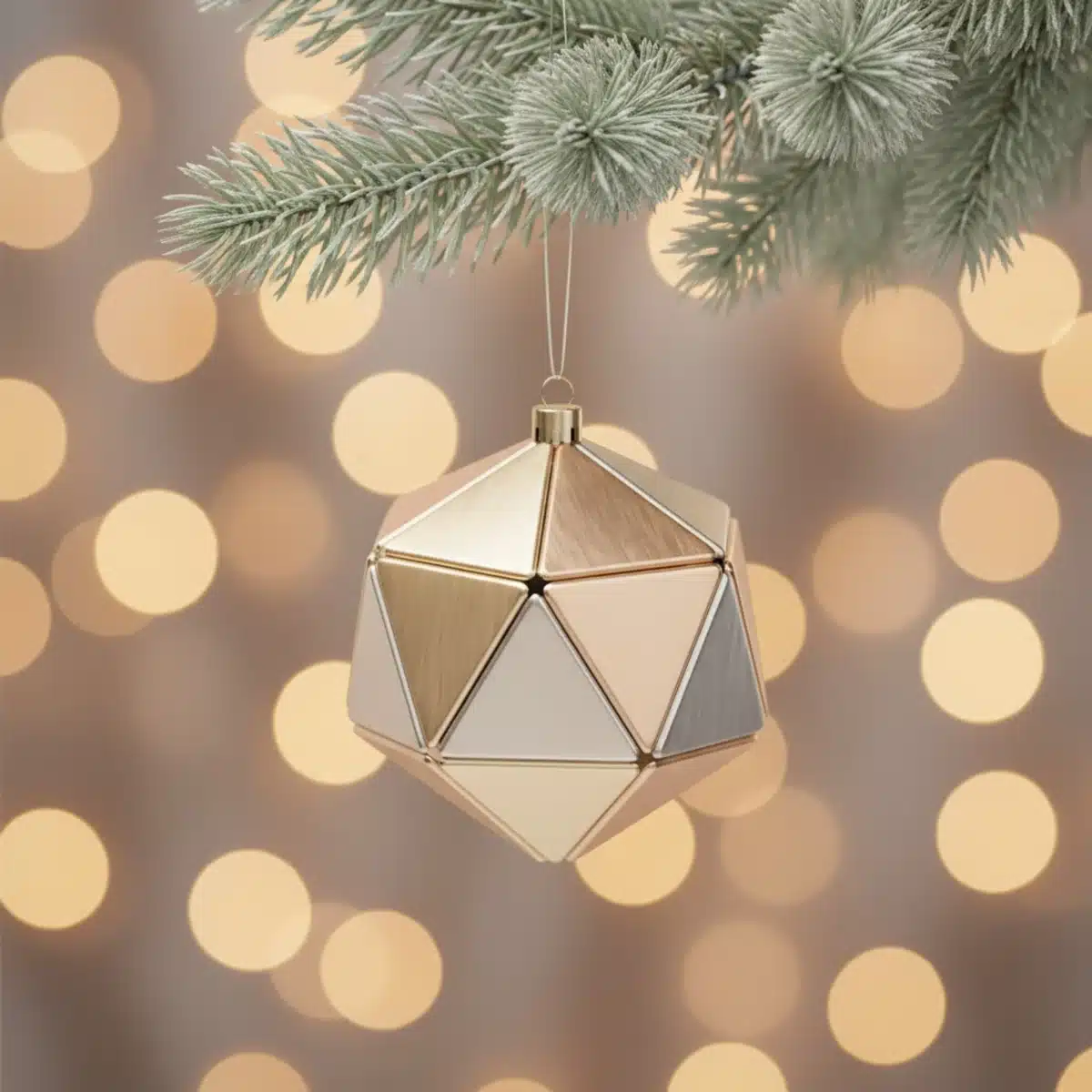 Detalle de un adorno navideño minimalista de SHEIN 2025, con diseño geométrico y tonos metálicos, colgando de una rama de abeto.