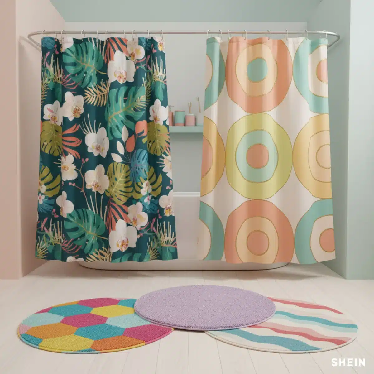 Variedad de alfombras de baño y cortinas de ducha de SHEIN con diseños coloridos y estampados, ideales para personalizar cualquier baño.