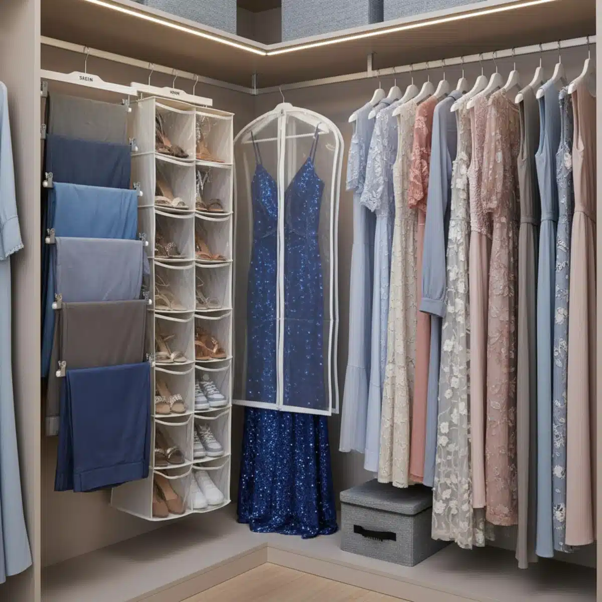 Soluciones de almacenamiento colgantes de SHEIN en un armario, incluyendo perchas multiusos y un organizador de zapatos, maximizando el espacio vertical.