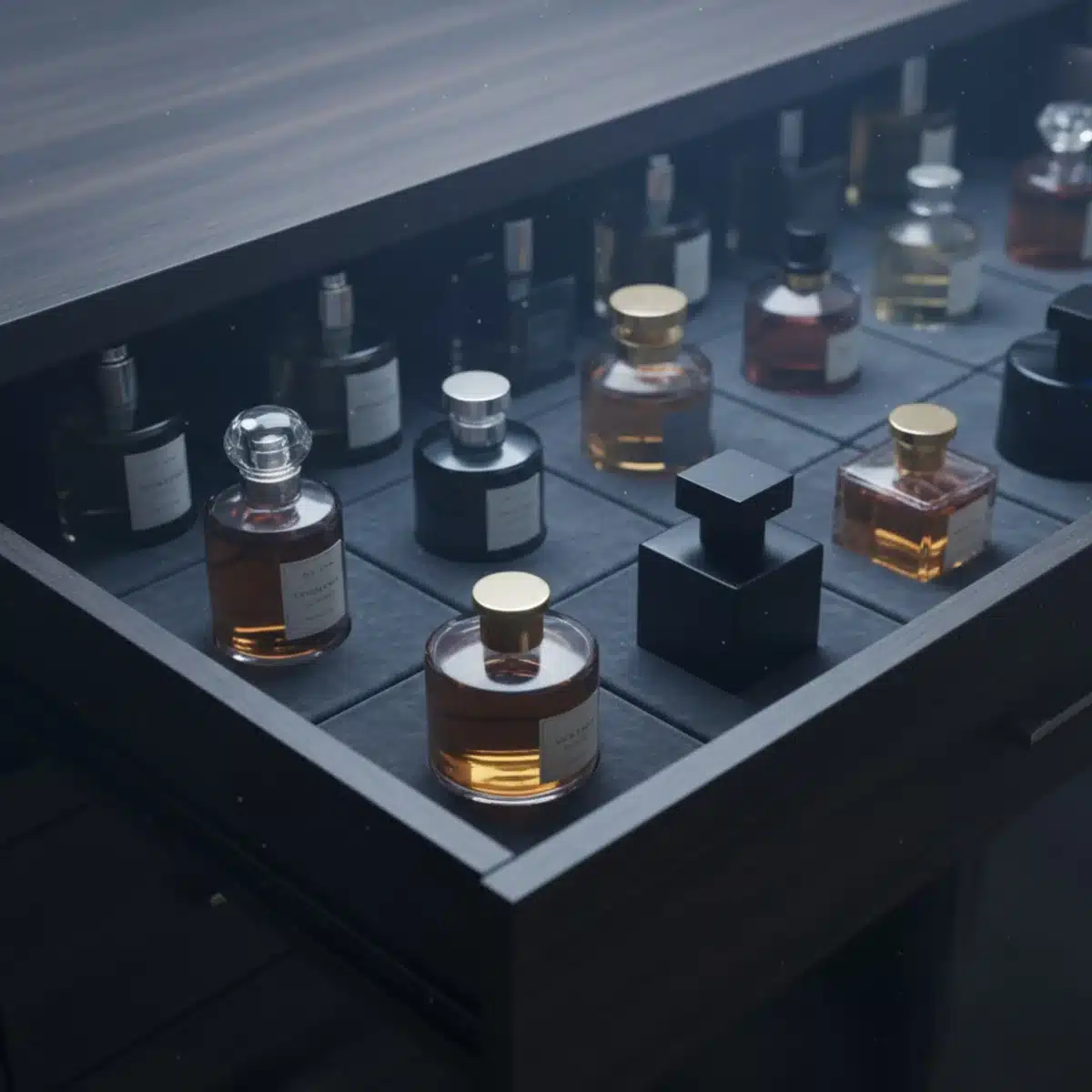 Botellas de perfume almacenadas correctamente para conservar su aroma