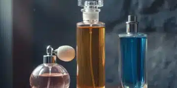 Varias botellas de perfume elegantemente dispuestas en un estante de madera, con luz natural suave, simbolizando el almacenamiento adecuado.