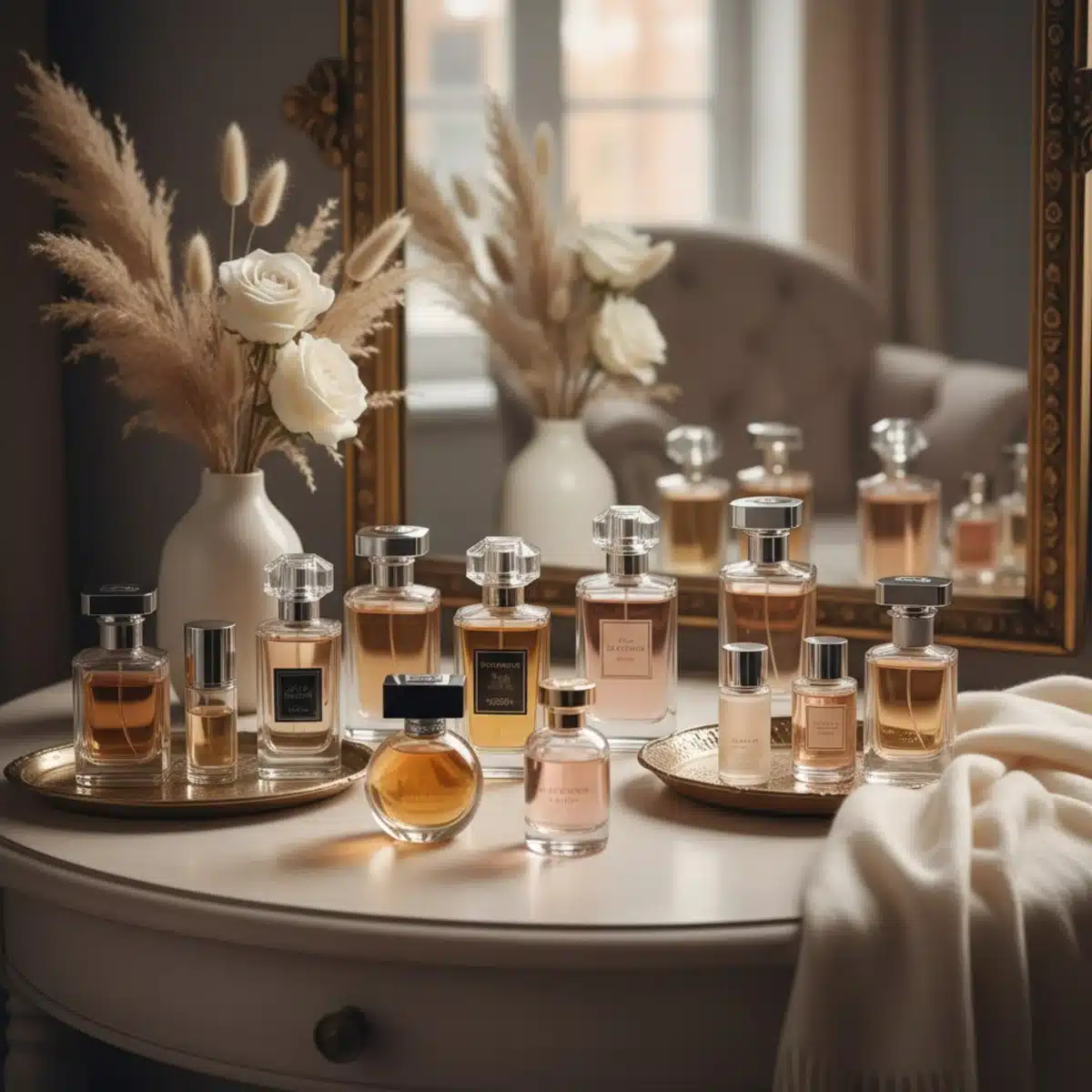 Variedad de perfumes modernos con esencias clásicas, evocando el estilo de Marilyn Monroe.