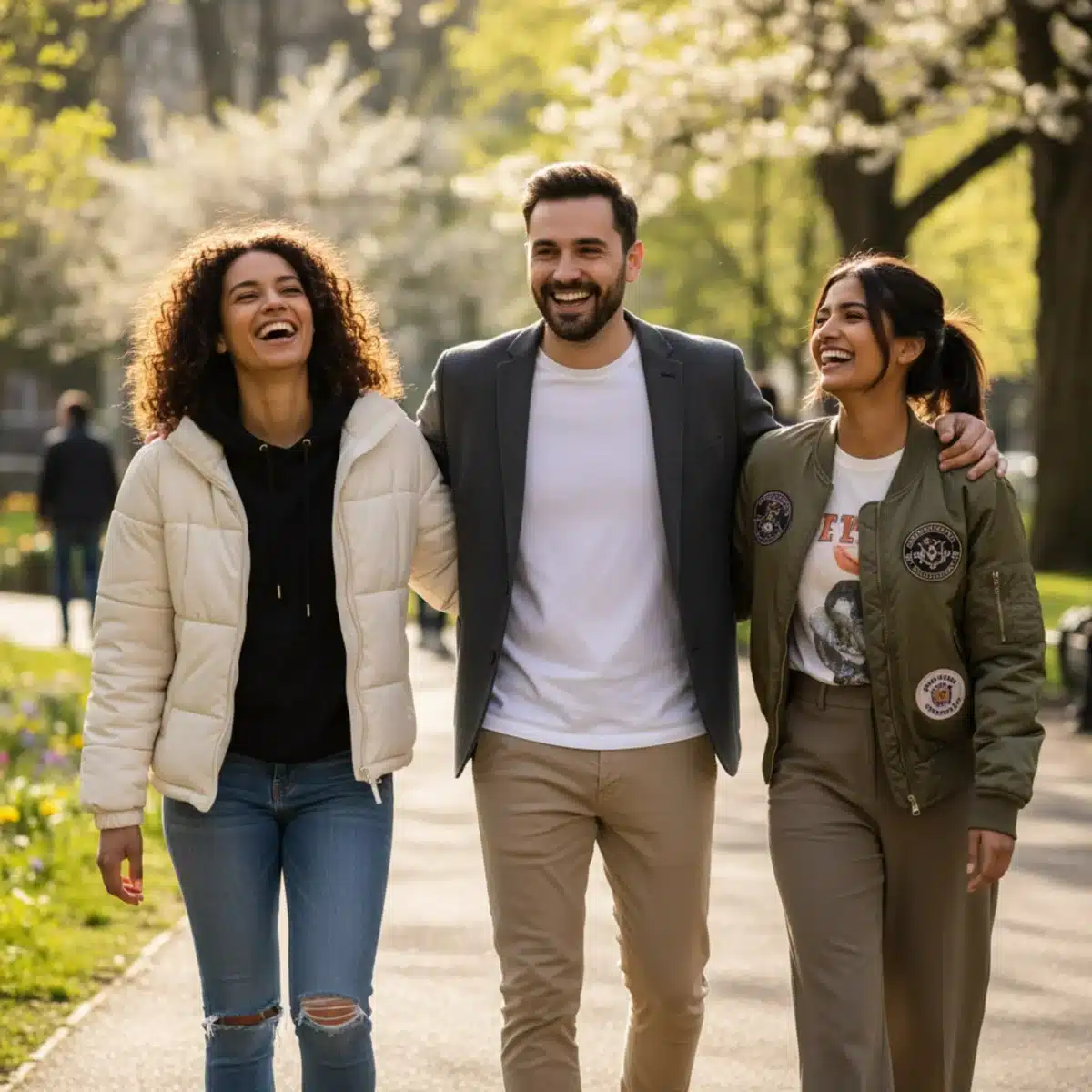 Grupo de amigos en un parque, cada uno con una chaqueta SHEIN diferente (puffer, blazer, bomber), simbolizando comodidad y versatilidad.