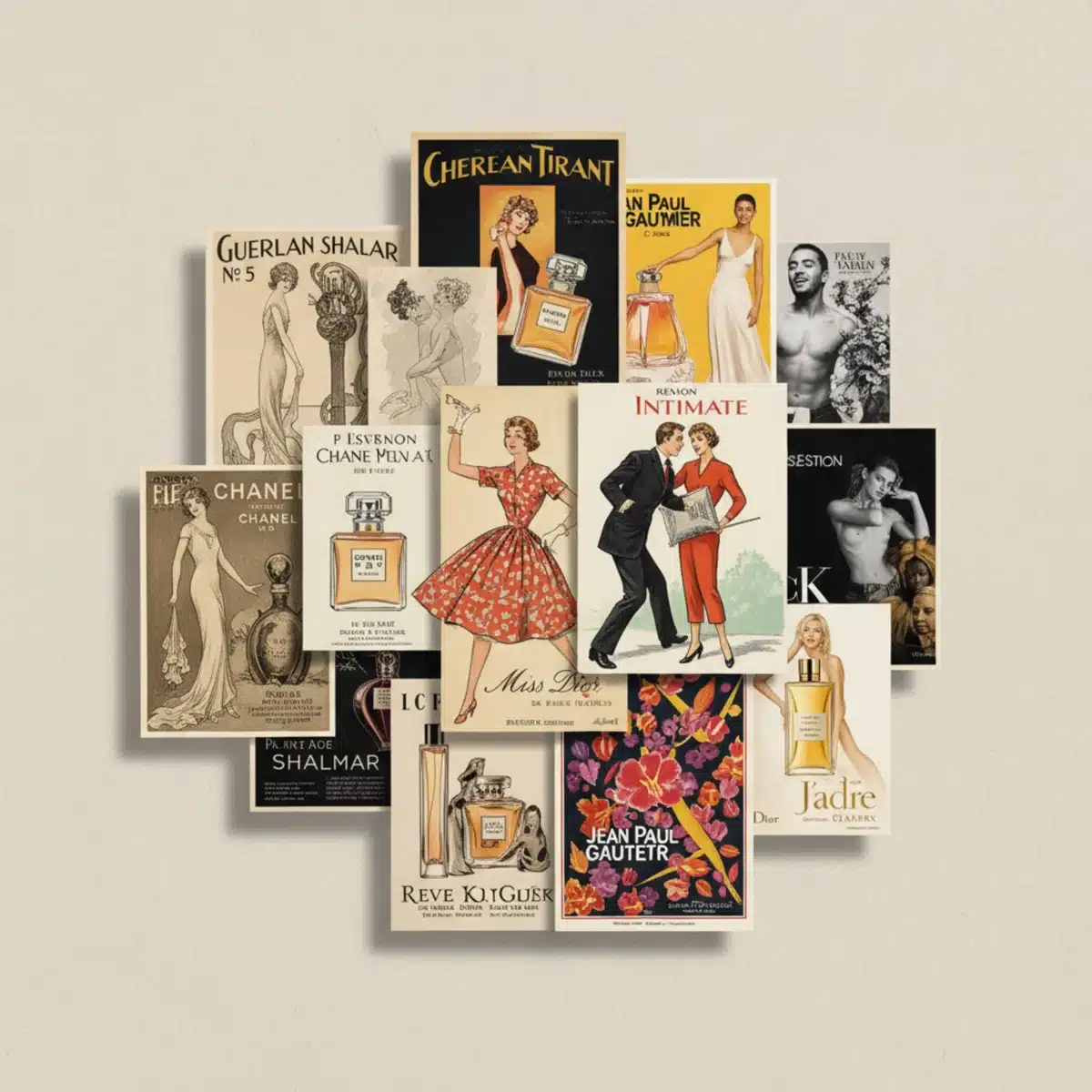 Collage de anuncios históricos de perfumes icónicos, mostrando la evolución de su marketing.
