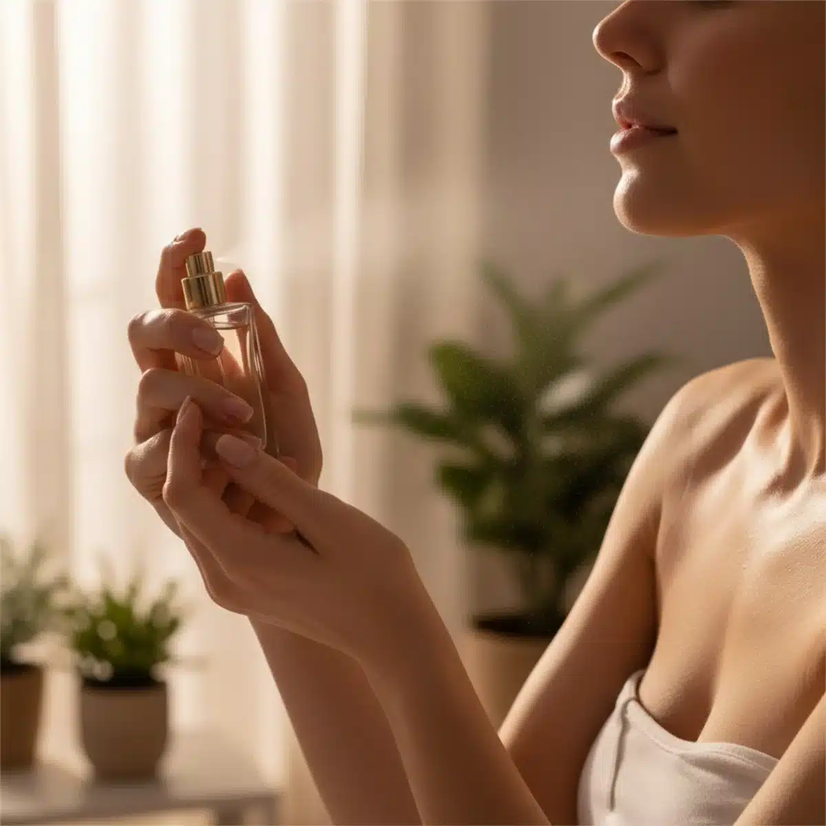 Persona aplicando perfume en los puntos de pulso para maximizar la duración de la fragancia en verano.