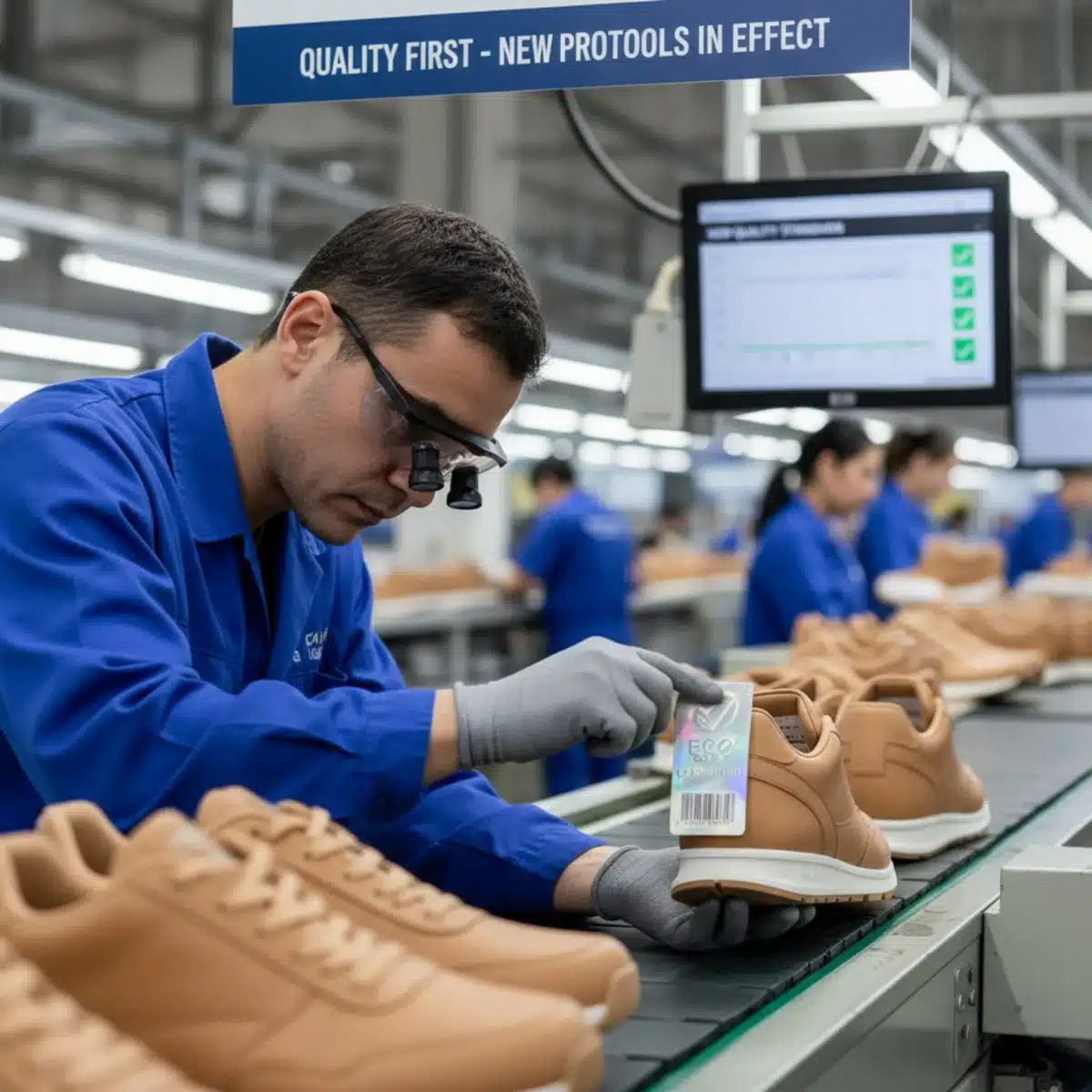 Trabajador de fábrica colocando una nueva etiqueta de calzado, siguiendo las regulaciones de 2025.