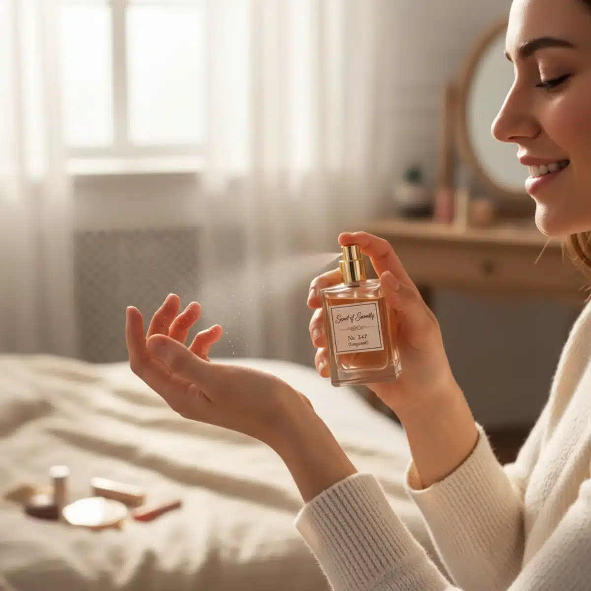 Persona aplicando un perfume 'dupe' en su muñeca, mostrando satisfacción y disfrute del aroma.