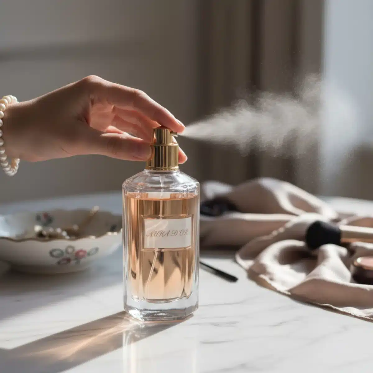 Mano aplicando un perfume de lujo, con un elegante frasco y un fondo difuminado de productos de belleza.