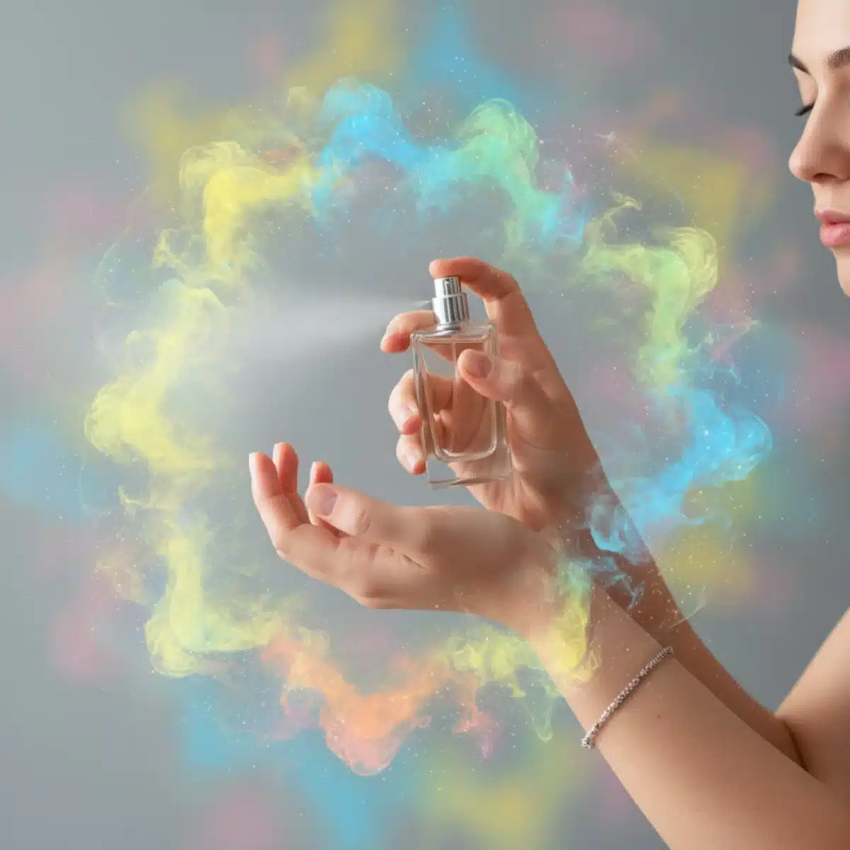 Persona aplicando perfume en la muñeca, simbolizando las notas de salida y su rápida evaporación.