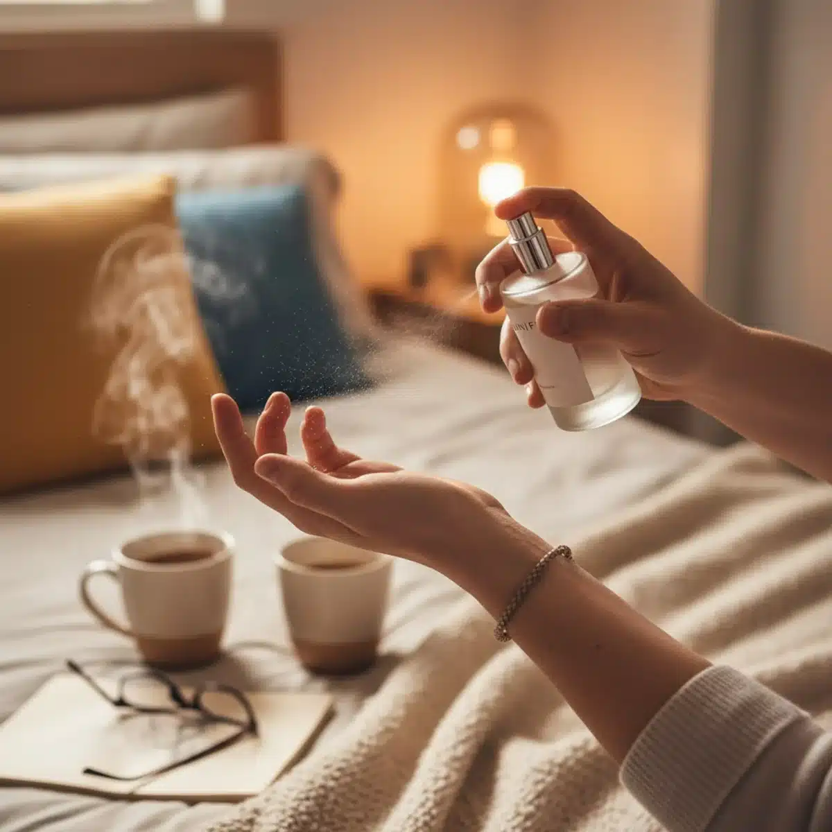 Mano aplicando perfume unisex en la muñeca en un ambiente íntimo