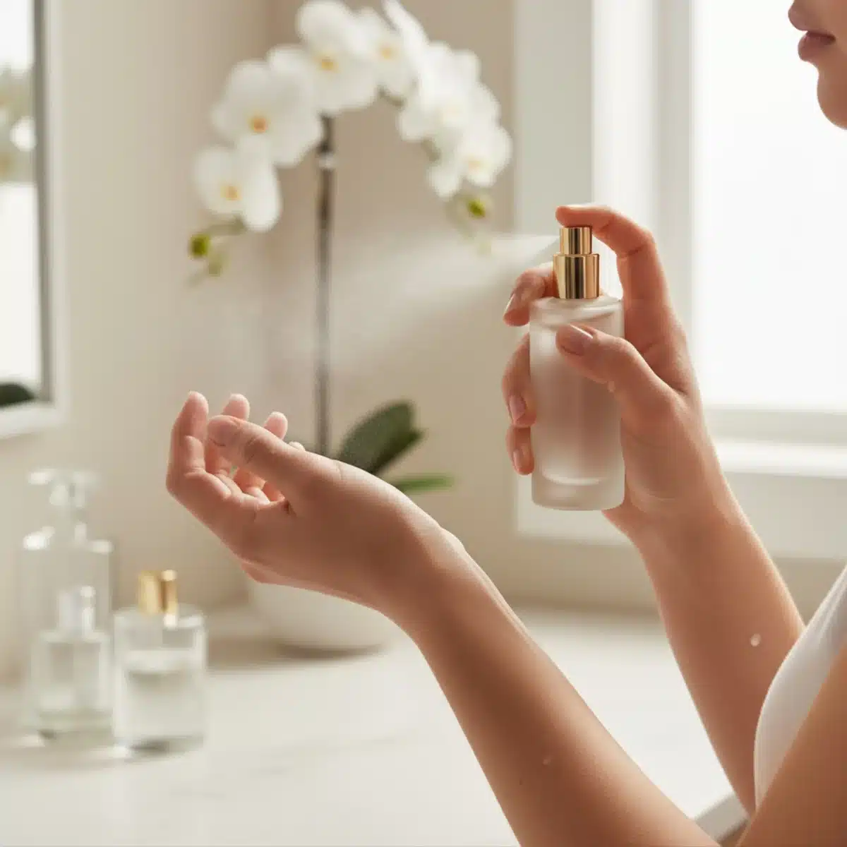 Persona aplicando perfume en puntos de pulso para maximizar la duración de la fragancia.