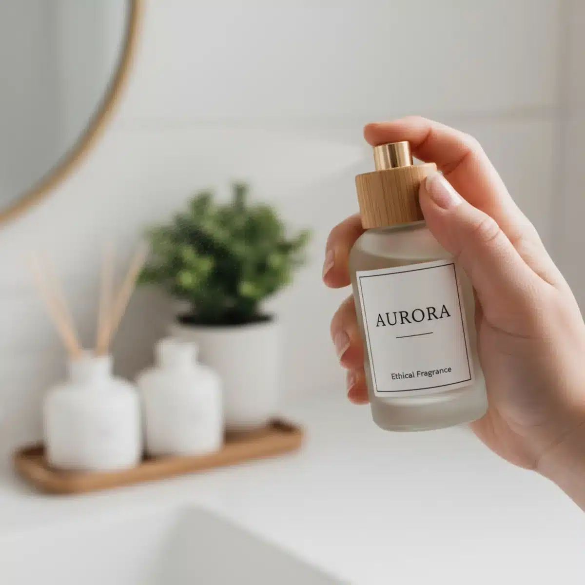 Aplicación de perfume vegano, reflejando el cuidado personal consciente.