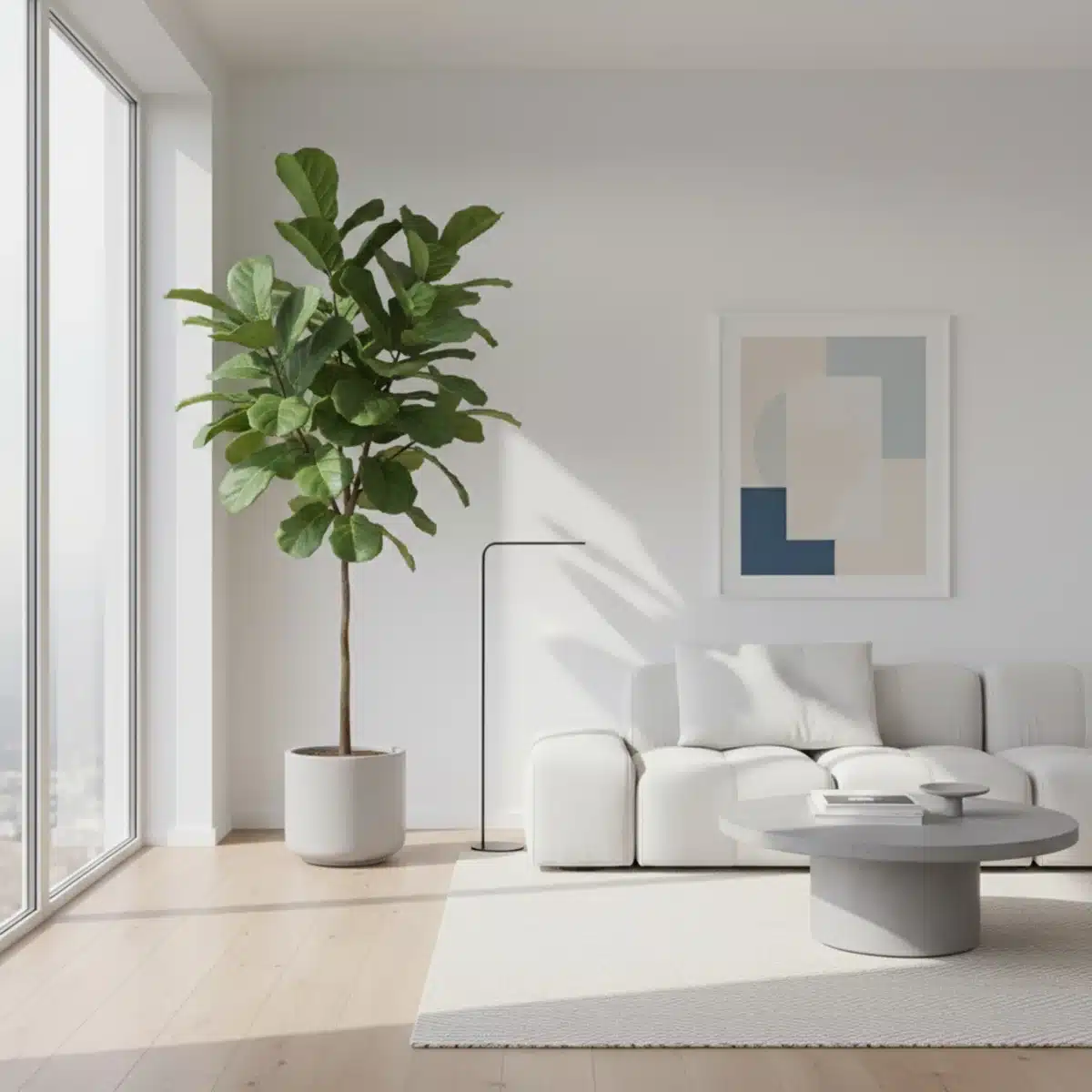 Árbol artificial de hoja de violín de SHEIN como punto focal en una sala de estar minimalista.