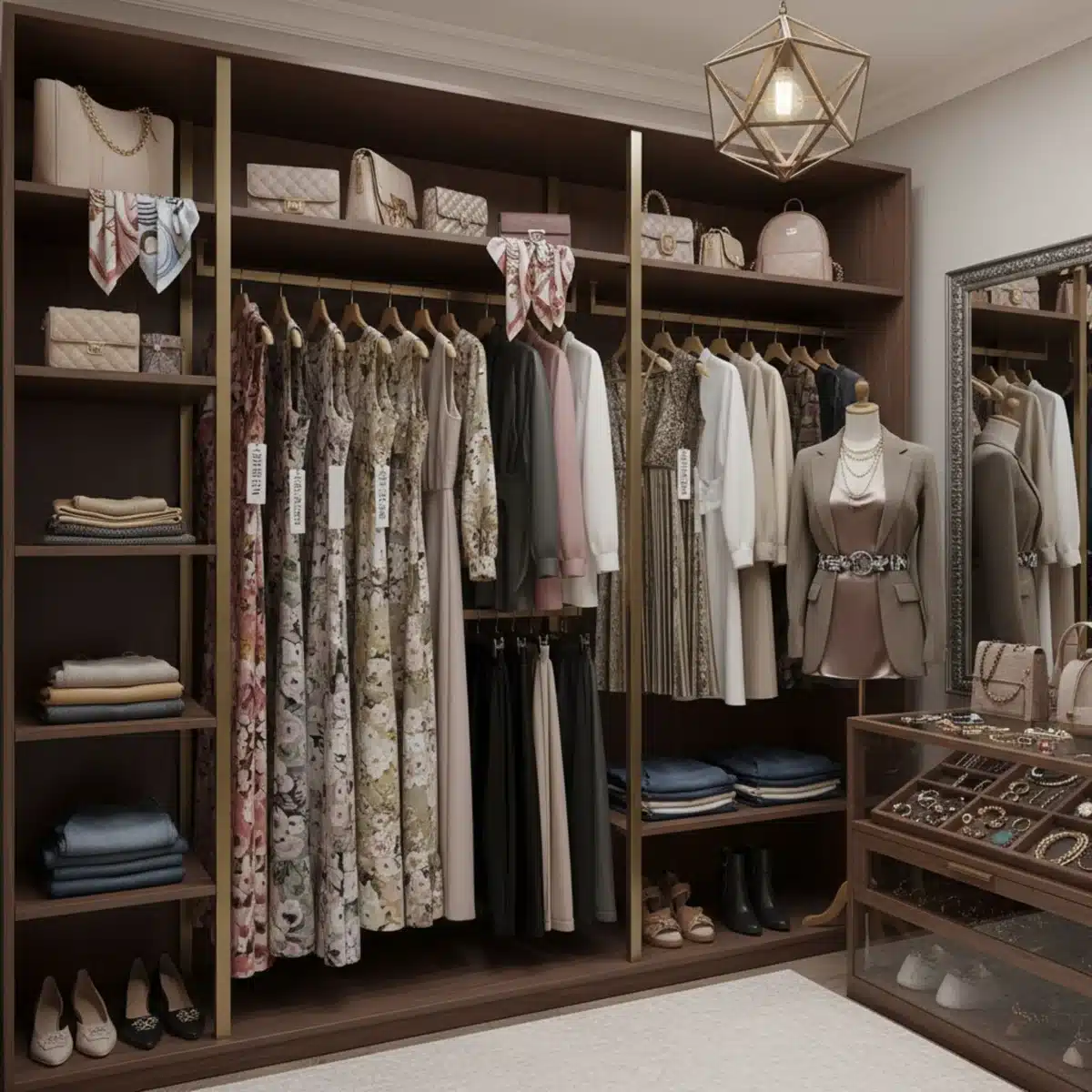 Armario organizado con prendas de Shein combinadas estratégicamente con accesorios para un look de marca de lujo.