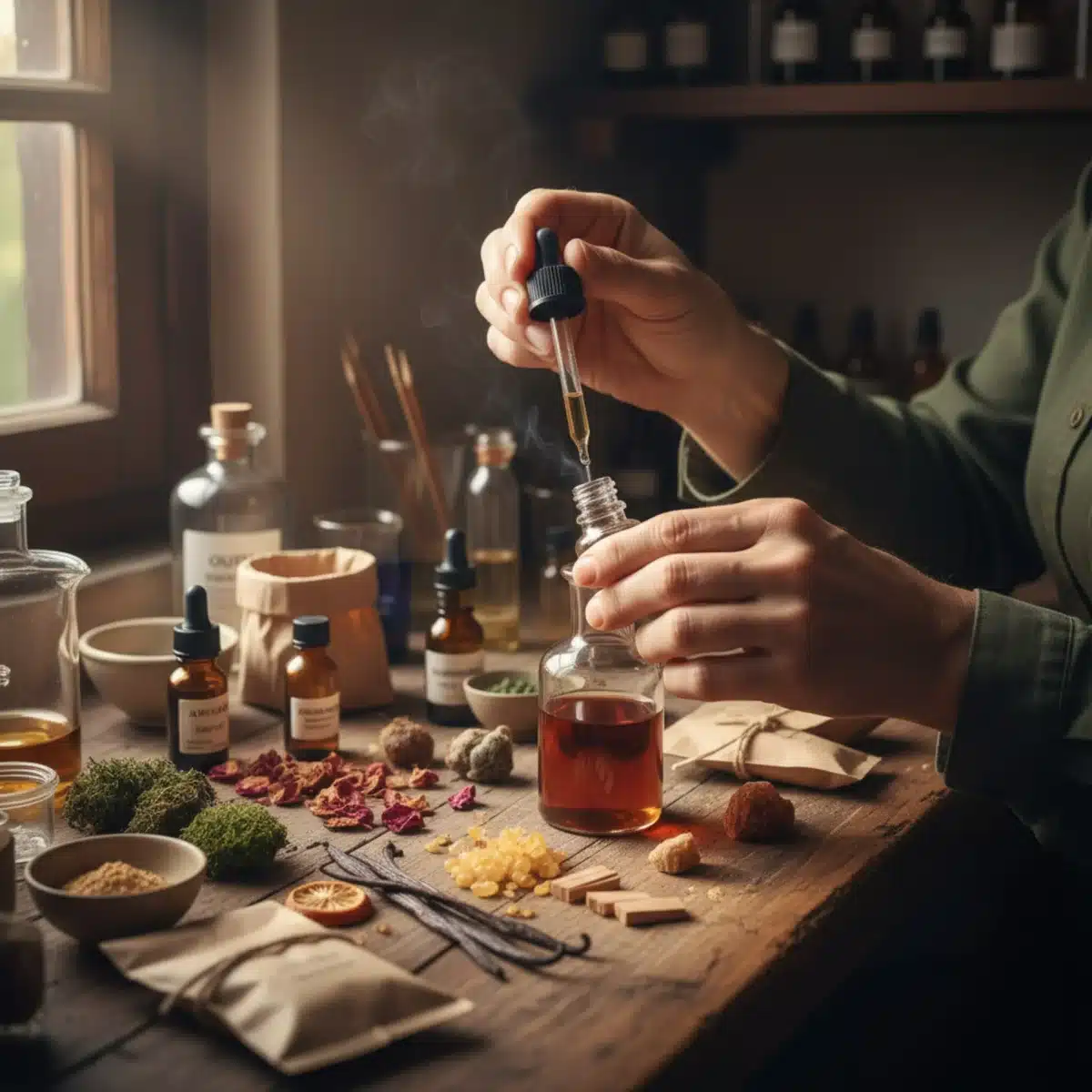 Manos de perfumista mezclando aceites esenciales, destacando la artesanía y el proceso de creación de perfumes nicho.