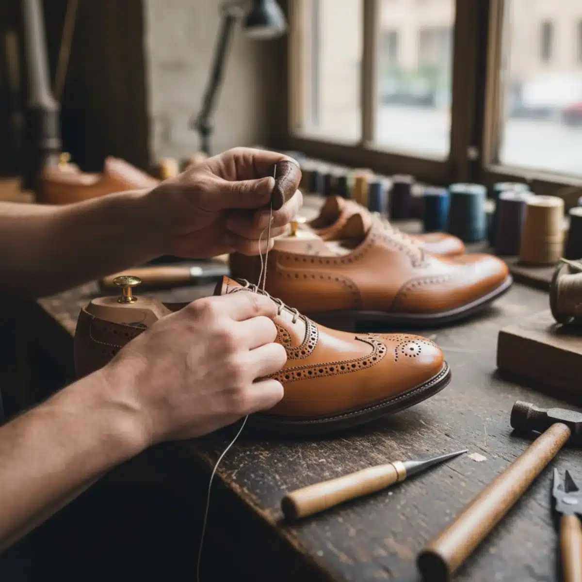 Artesano trabajando en un zapato de cuero, mostrando la dedicación al detalle en el proceso de fabricación.