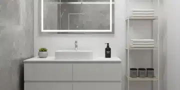 Baño moderno decorado con accesorios económicos de SHEIN, incluyendo toallas, dispensador de jabón y alfombra, creando un ambiente elegante y funcional.