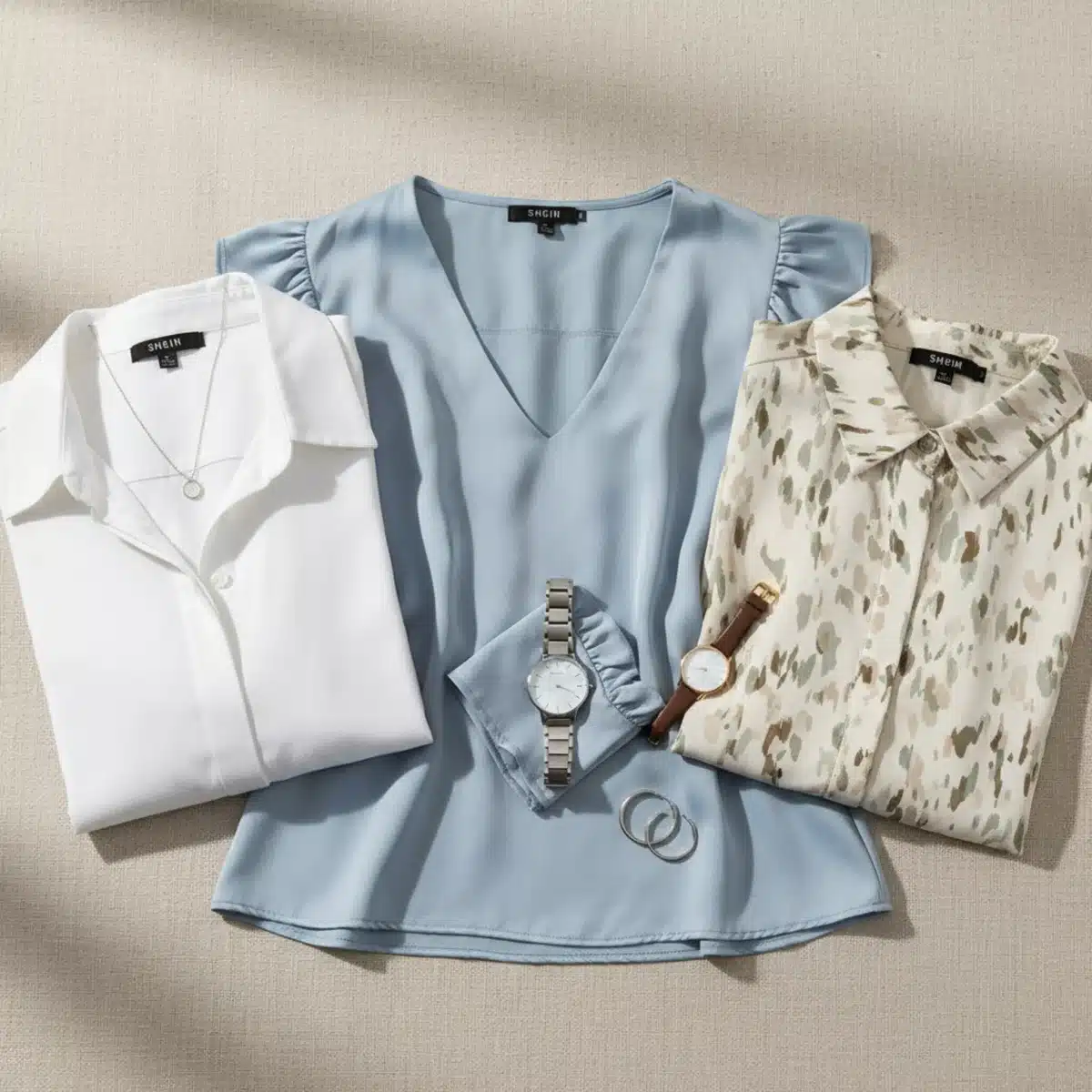 Varias blusas SHEIN para oficina en un flat lay con accesorios elegantes.