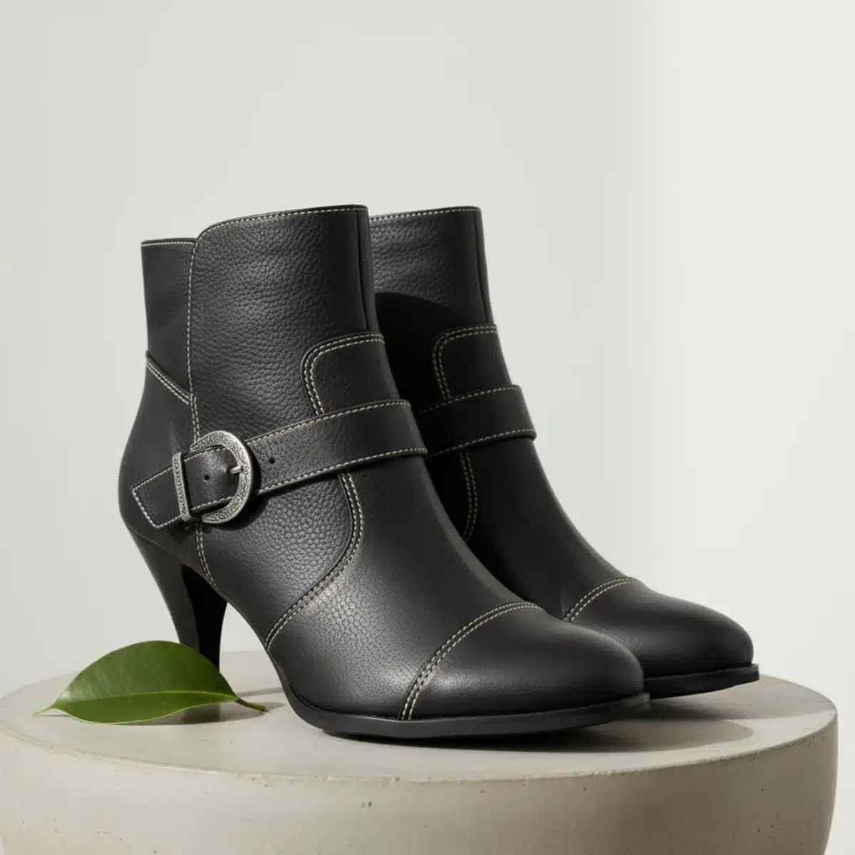 Botas elegantes de cuero vegano con detalles de costura fina, destacando la calidad del material.
