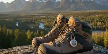 Botas de senderismo impermeables sobre una roca en un parque nacional de Estados Unidos.