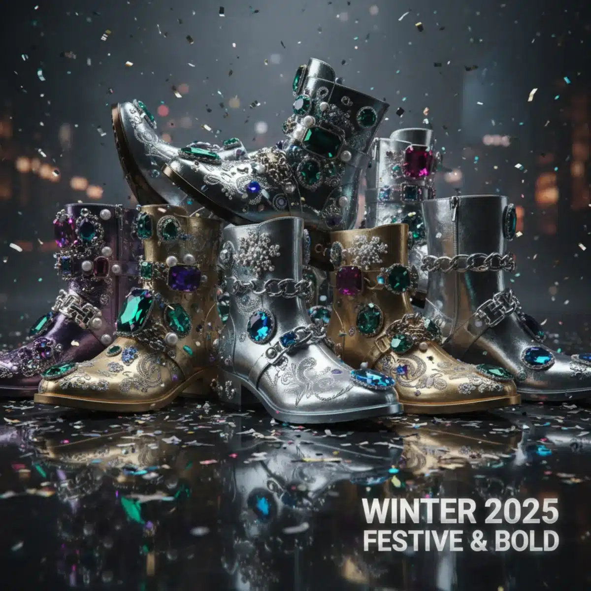 Variedad de botines metálicos y adornados, exhibiendo sus acabados brillantes y decoraciones intrincadas, una tendencia deslumbrante para el invierno 2025.