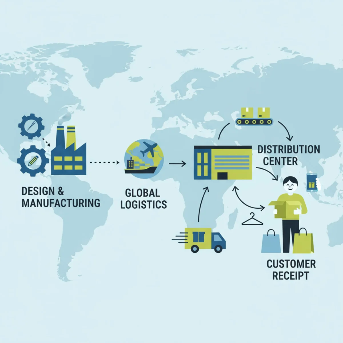 Ilustración de la cadena de suministro global, desde la fabricación hasta la entrega, representando la eficiencia logística de SHEIN.