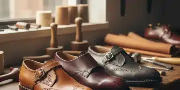 Variedad de zapatos de cuero artesanal hechos en Estados Unidos, mostrando detalles de costura y calidad.