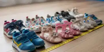 Variedad de calzado infantil colorido, con una cinta métrica, sobre suelo de madera.