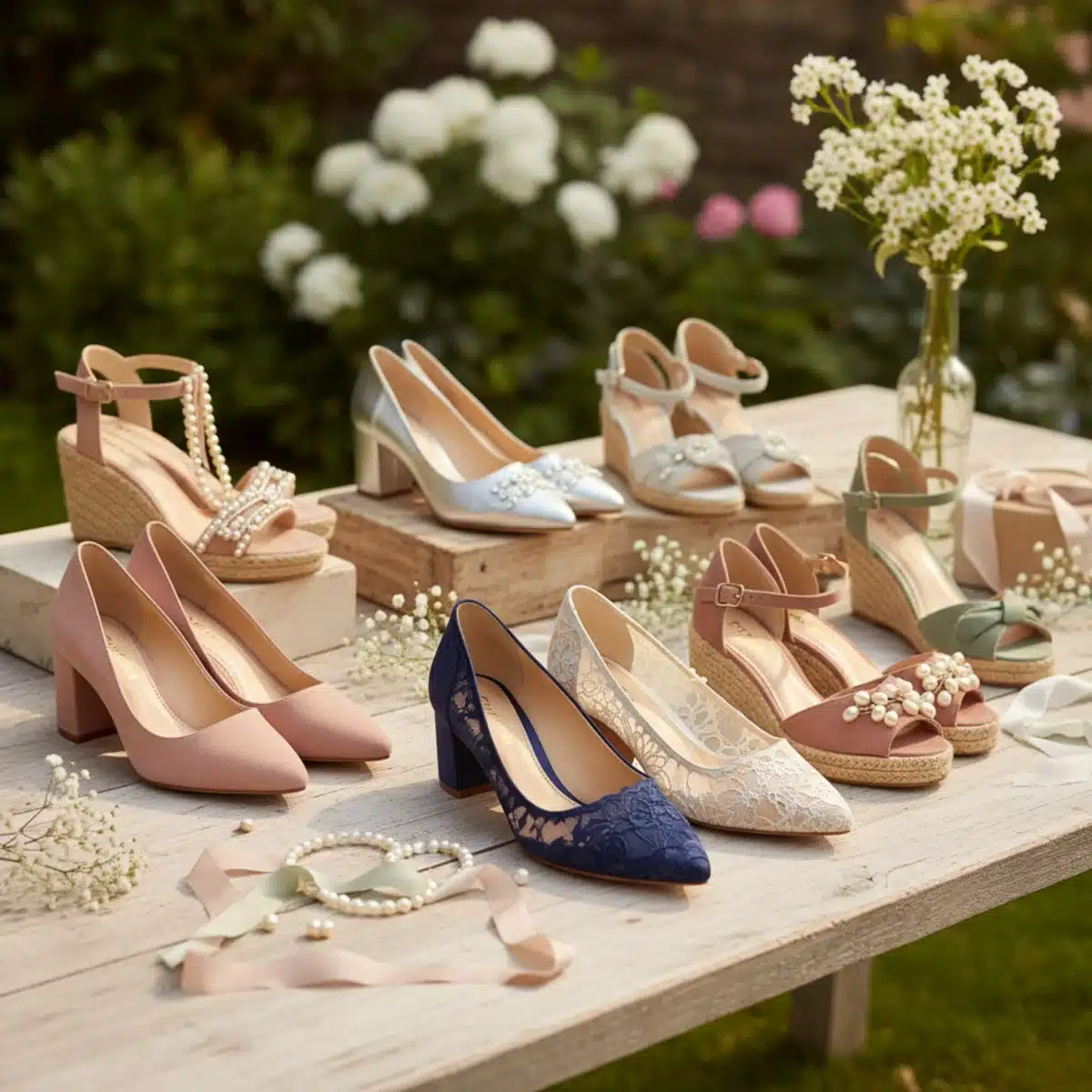 Variedad de calzado elegante y cómodo para invitadas de boda en 2025, incluyendo tacones de bloque y sandalias planas.