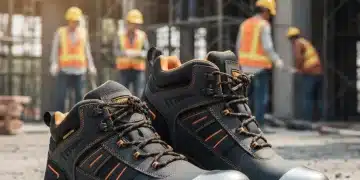 Calzado de seguridad moderno y robusto con puntera de acero en un entorno de obra, simbolizando protección laboral.