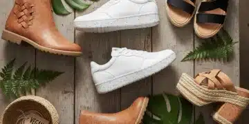 Variedad de calzado vegano sostenible, incluyendo zapatillas y botas, fabricado con materiales ecológicos.