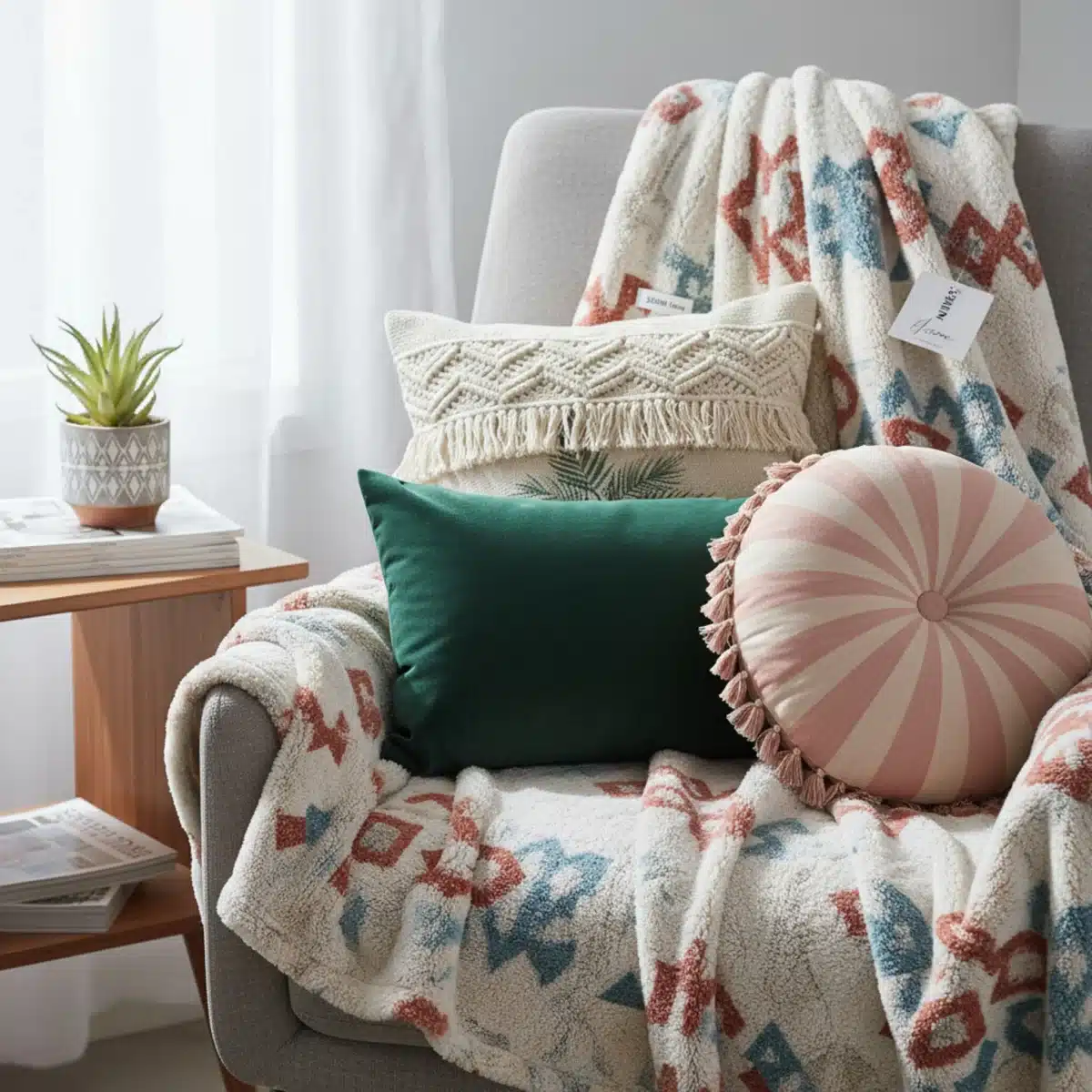 Detalle de cojines y una manta decorativa, elementos clave para un rincón de lectura confortable y económico.