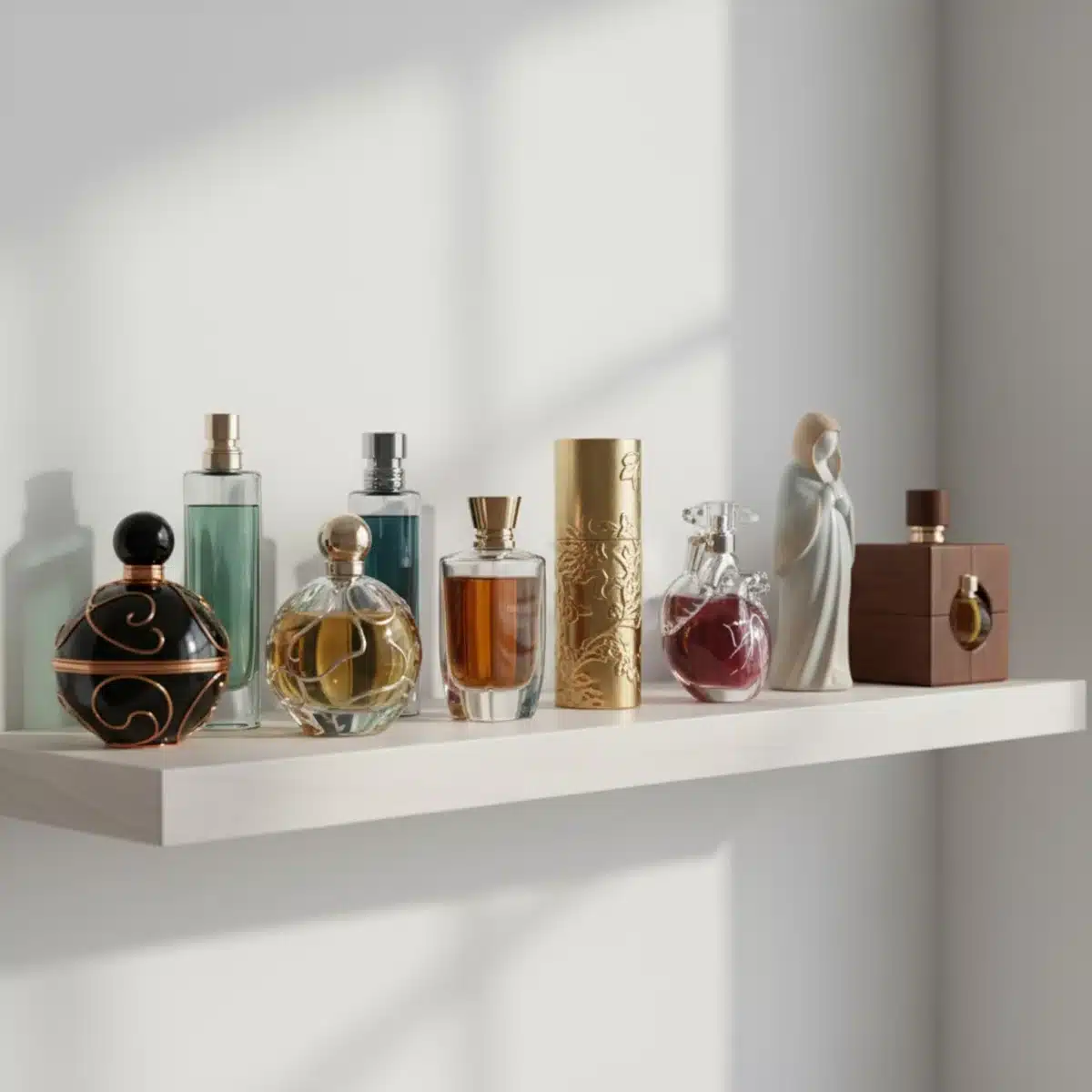 Colección de botellas de perfumes nicho con diseños únicos y artísticos en una estantería minimalista, simbolizando individualidad.