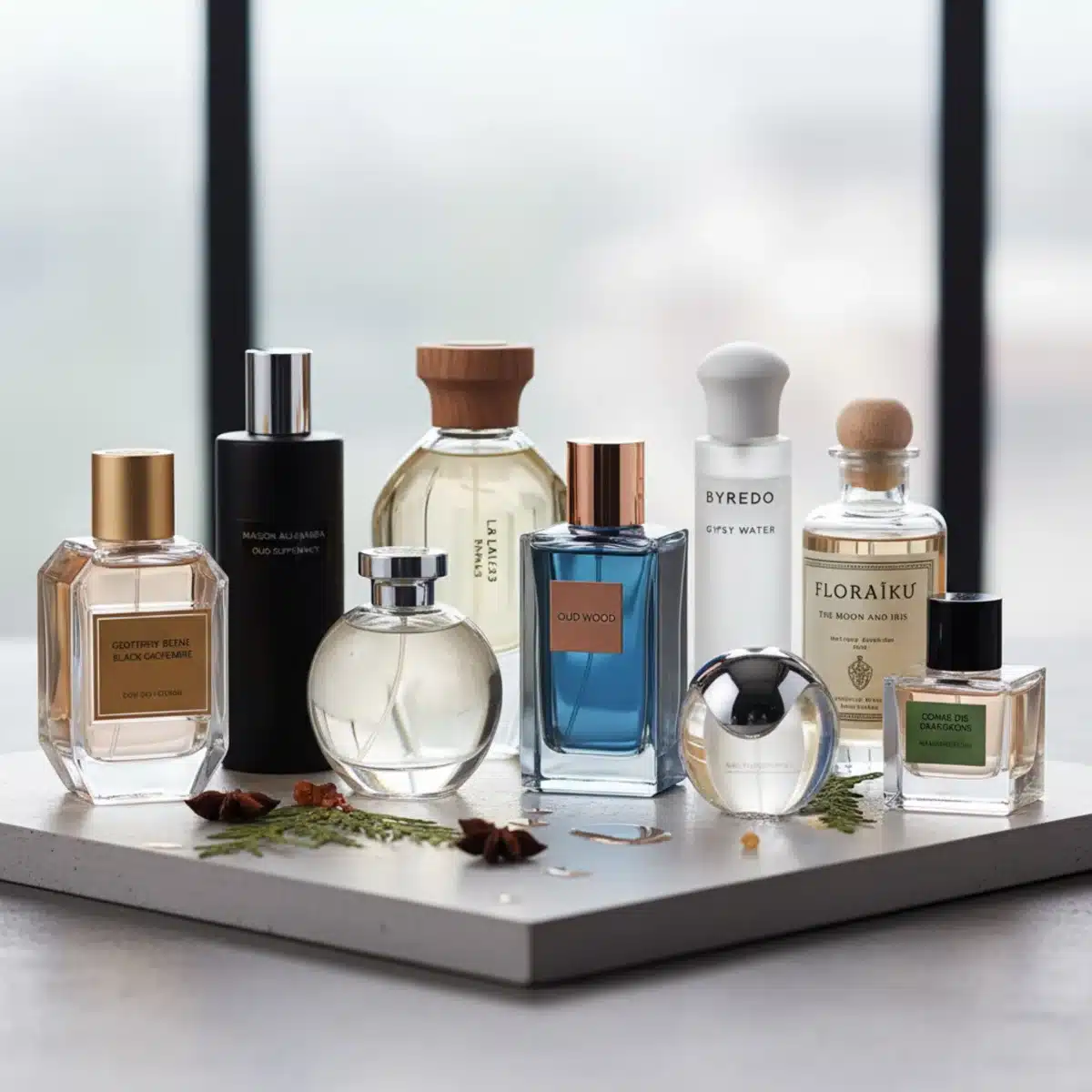 Variedad de botellas de perfumes unisex elegantes y sofisticados