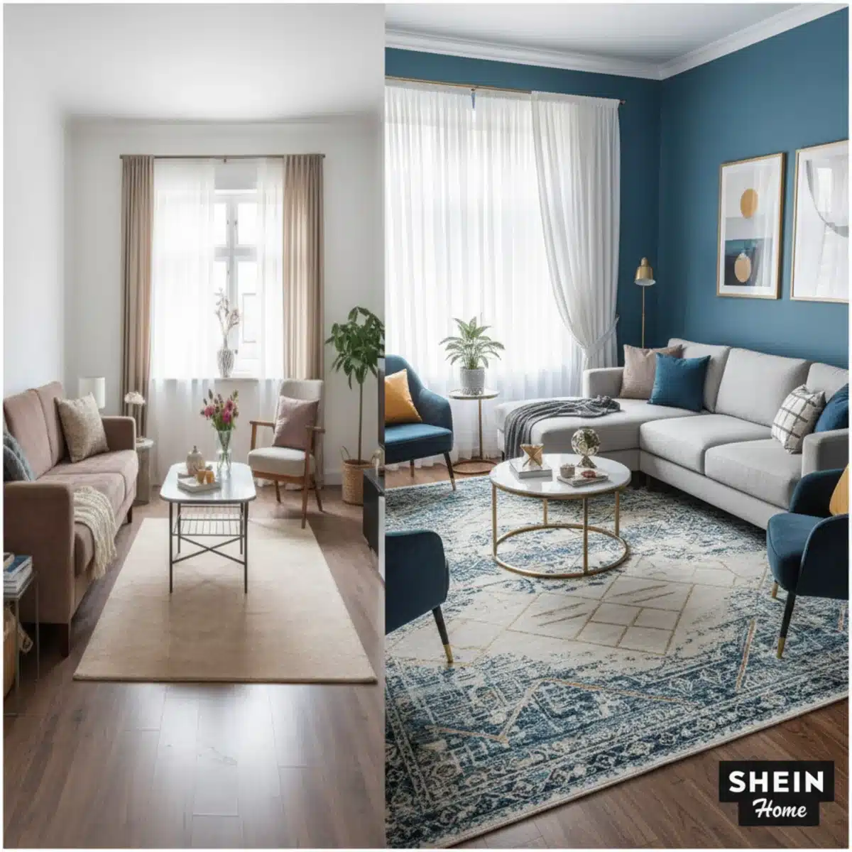 Comparación de habitaciones con alfombras SHEIN: una mal elegida y otra perfectamente dimensionada.