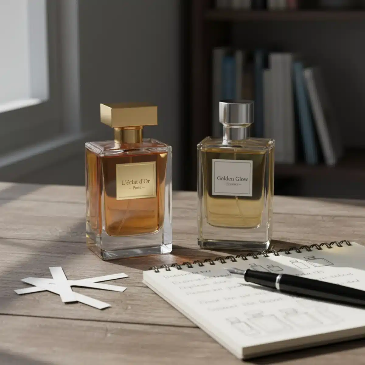 Comparación de una botella de perfume de lujo junto a su 'dupe' económico, con elementos de investigación en el fondo.