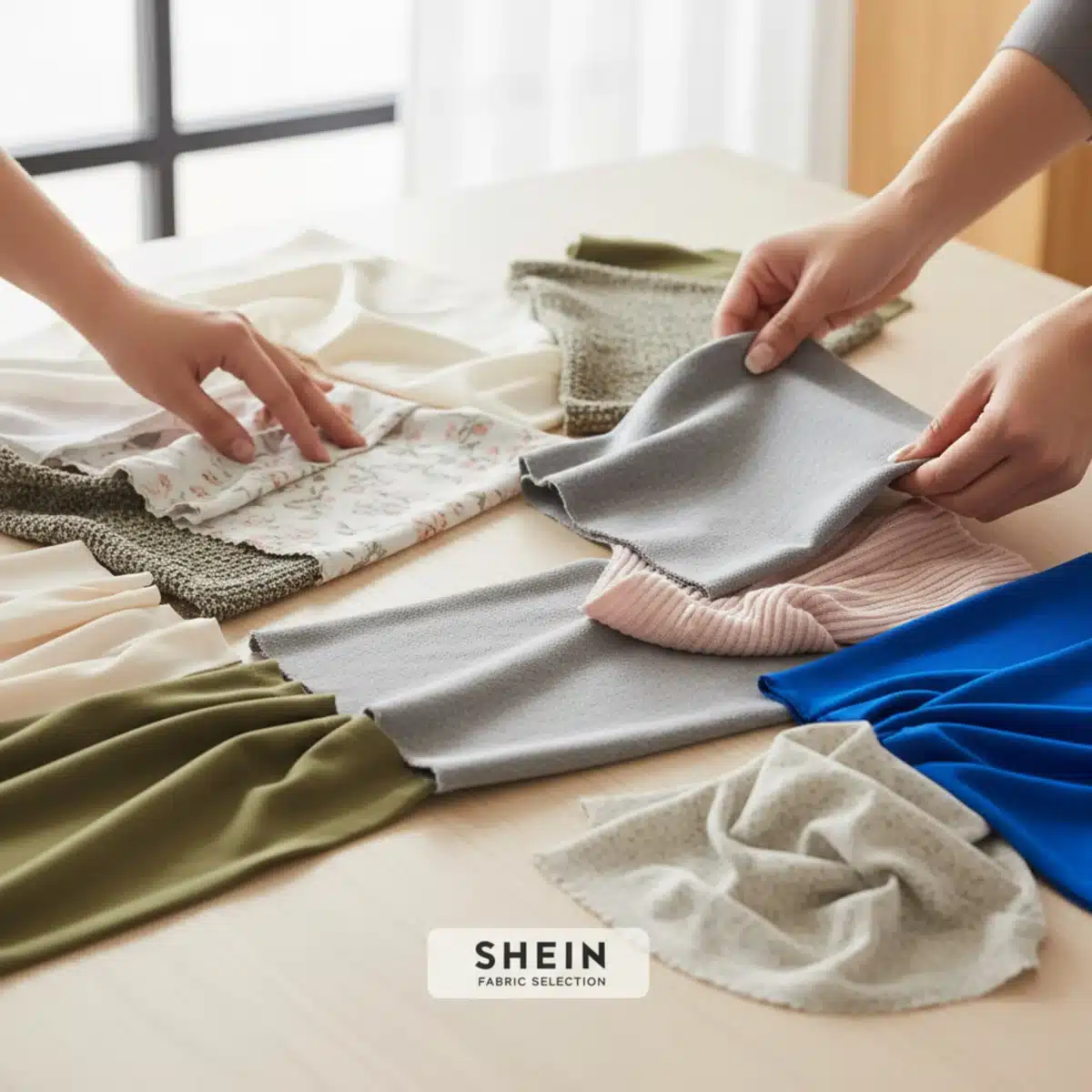 Primer plano de diferentes muestras de tejidos, comparando texturas y calidades de materiales comunes en moda rápida.