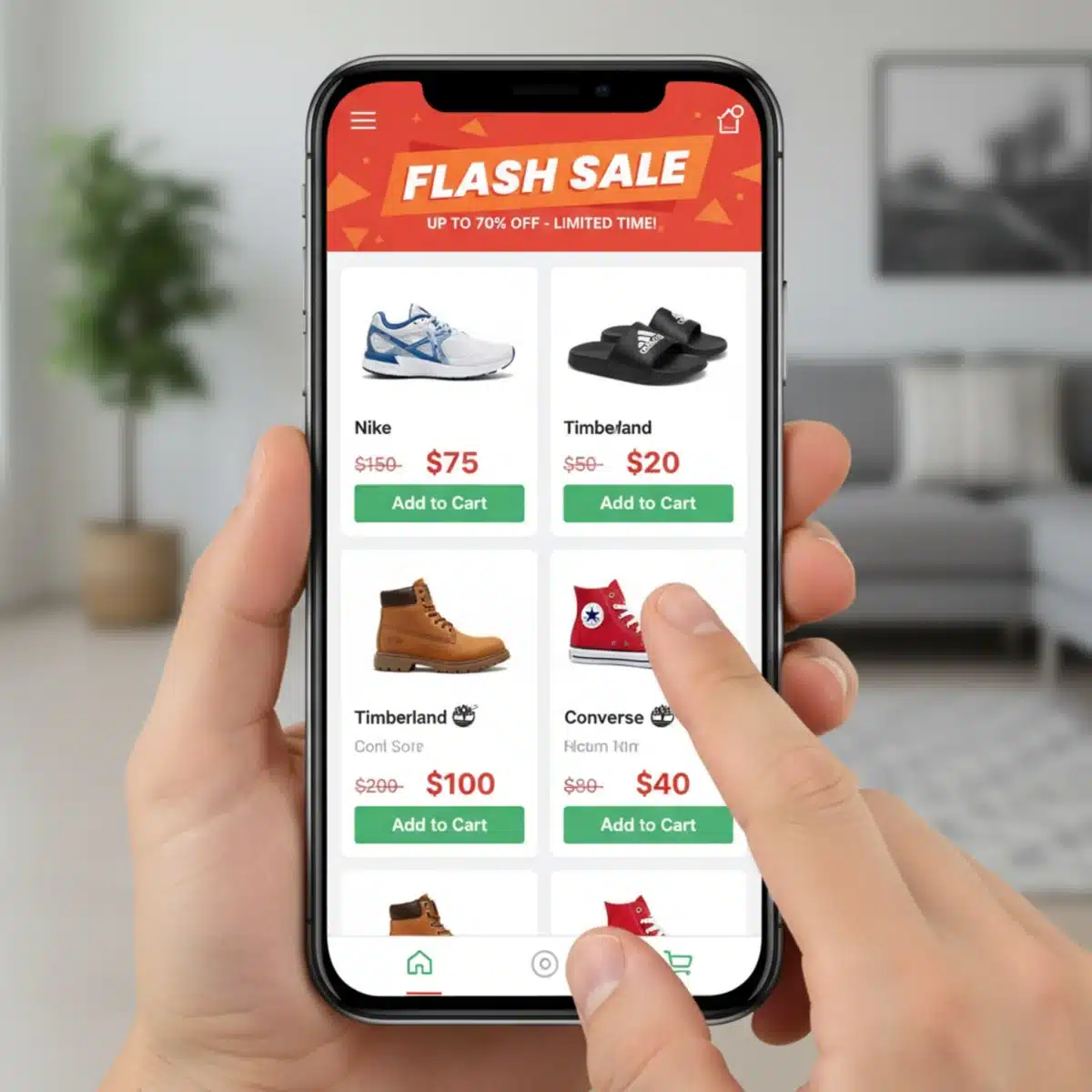 Pantalla de móvil mostrando una oferta flash de calzado en una tienda online.