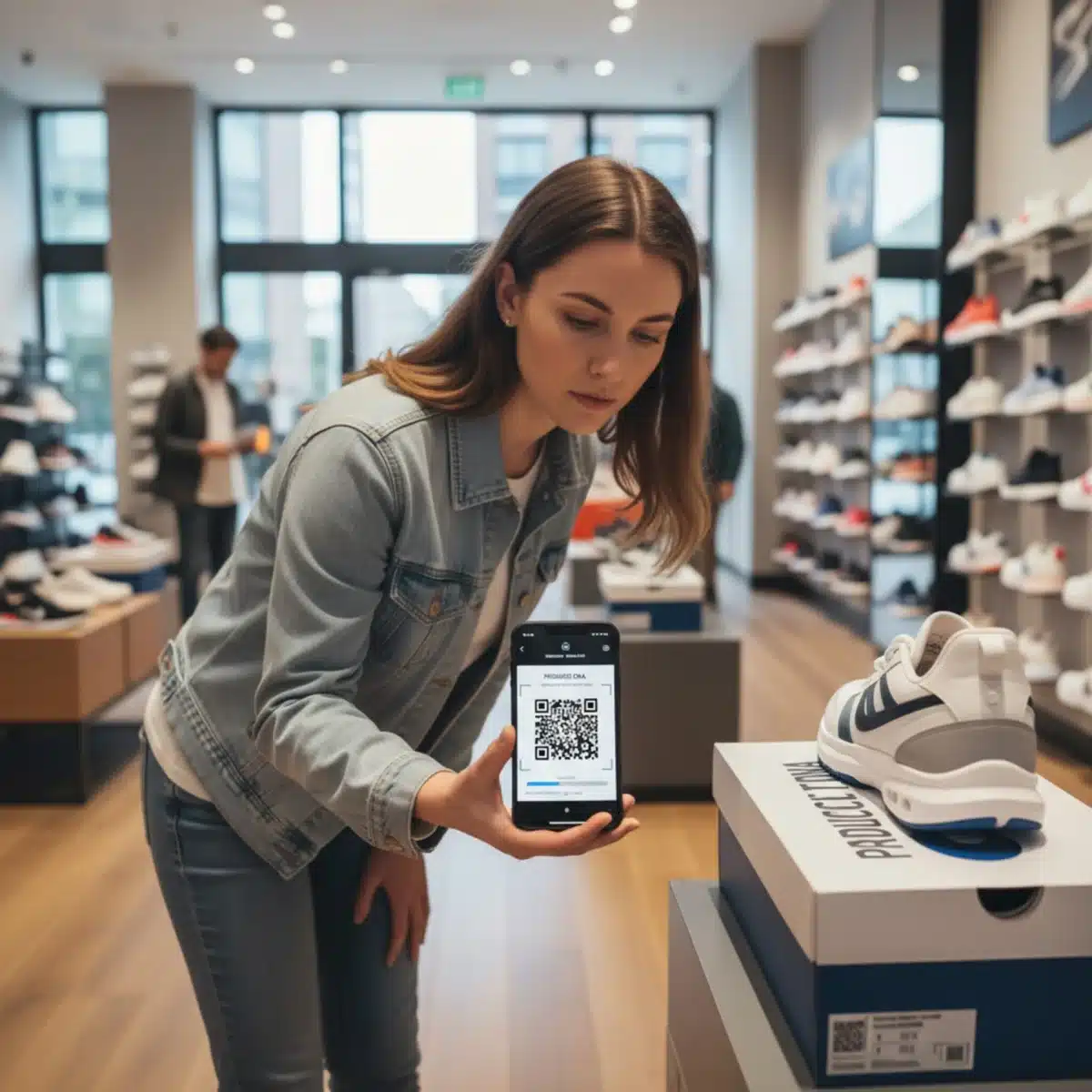Consumidor examinando la etiqueta de un zapato en una tienda, utilizando un smartphone para verificar información adicional.