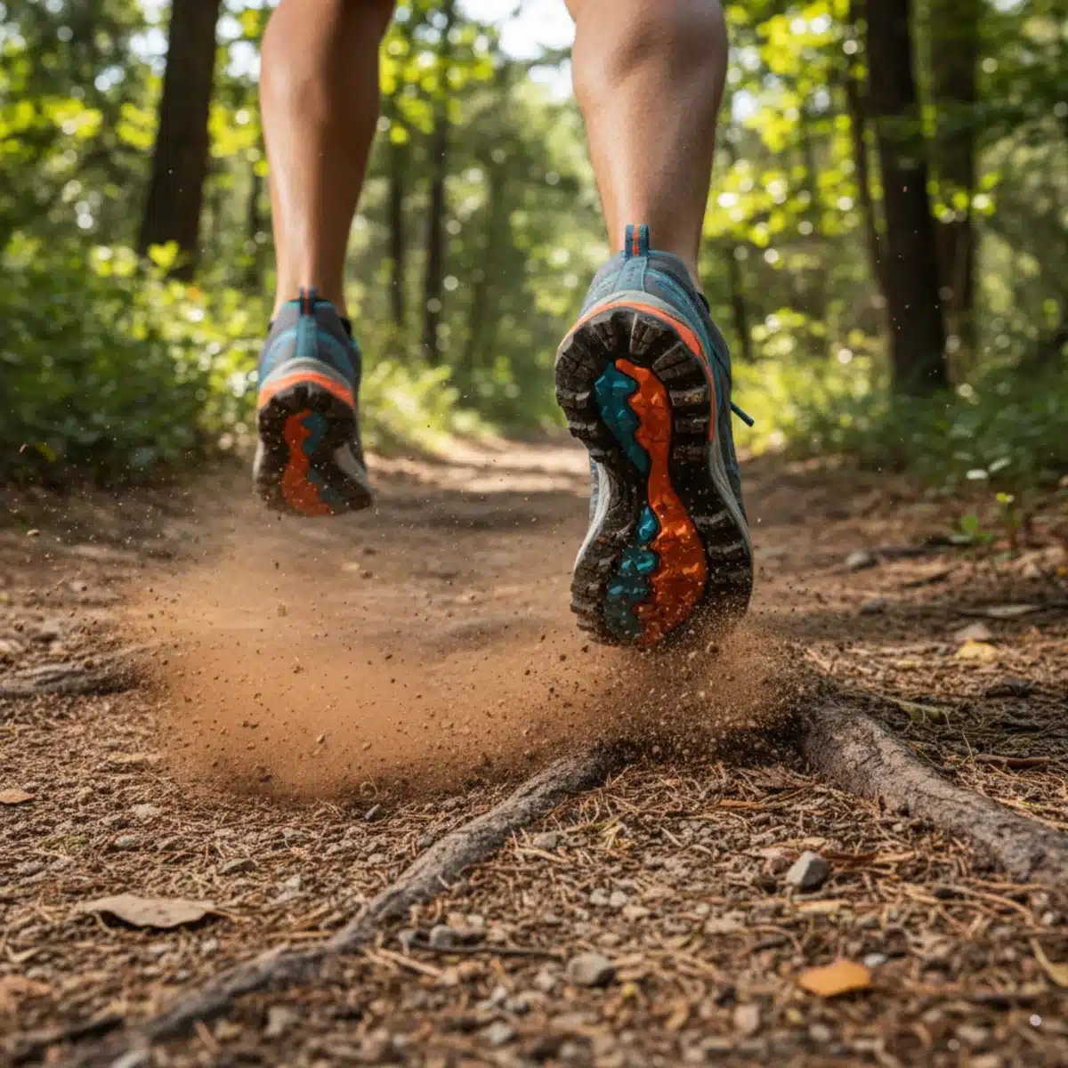 Pies de un corredor con zapatillas de trail running en movimiento por un sendero natural.
