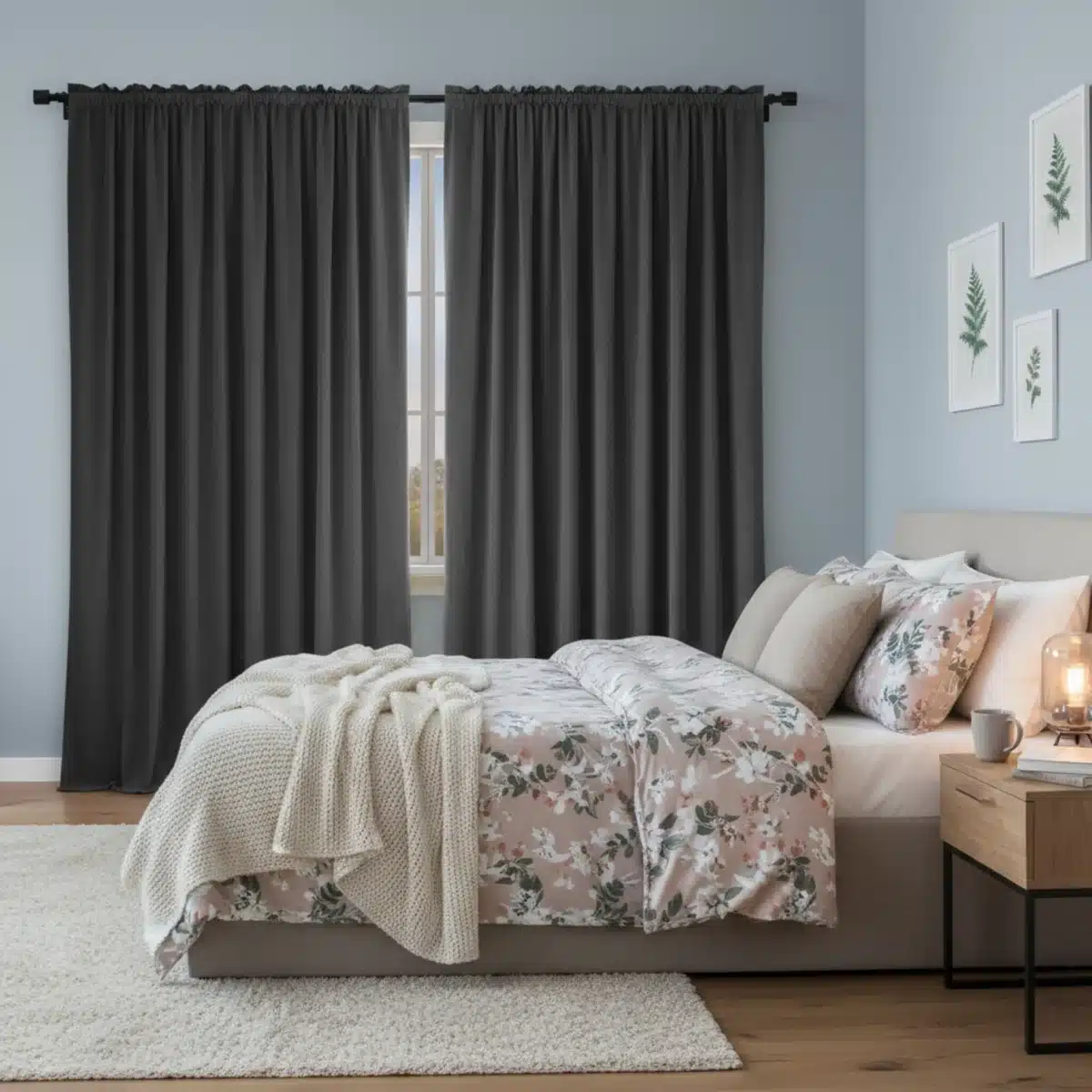 Dormitorio con cortinas opacas elegantes de SHEIN, ofreciendo privacidad y oscuridad.