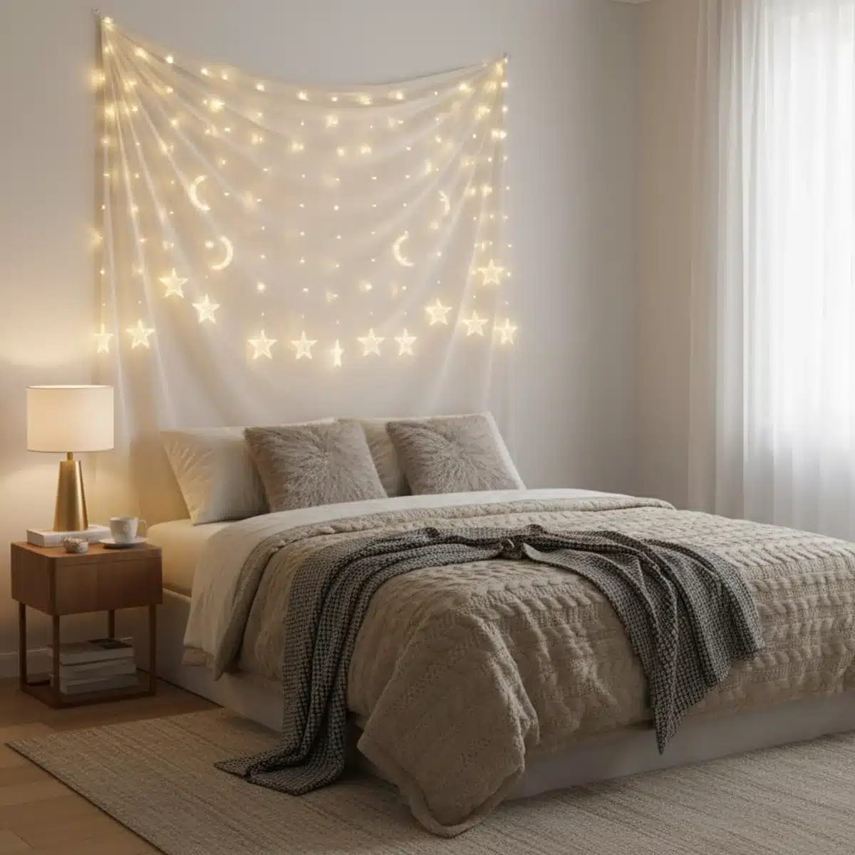 Dormitorio con luces de cortina y lámpara de mesa decorativa de SHEIN, creando un ambiente romántico y acogedor.