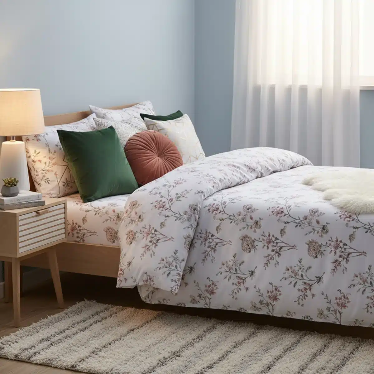 Rincón de dormitorio acogedor con ropa de cama y accesorios de SHEIN.