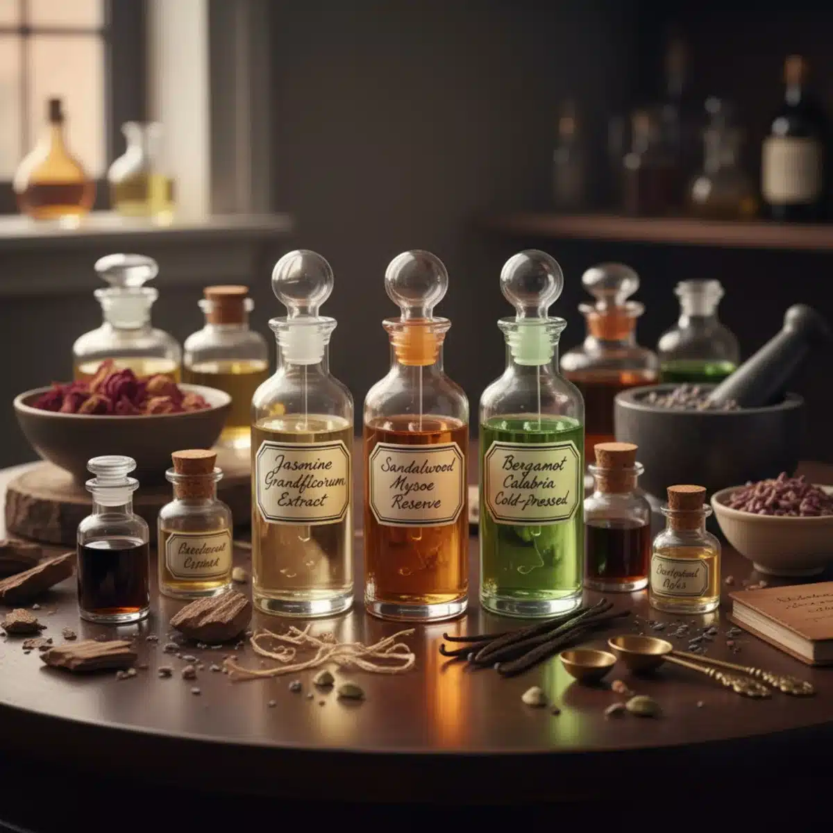 Frascos de aceites esenciales y materias primas, representando las notas de corazón y fondo de un perfume.