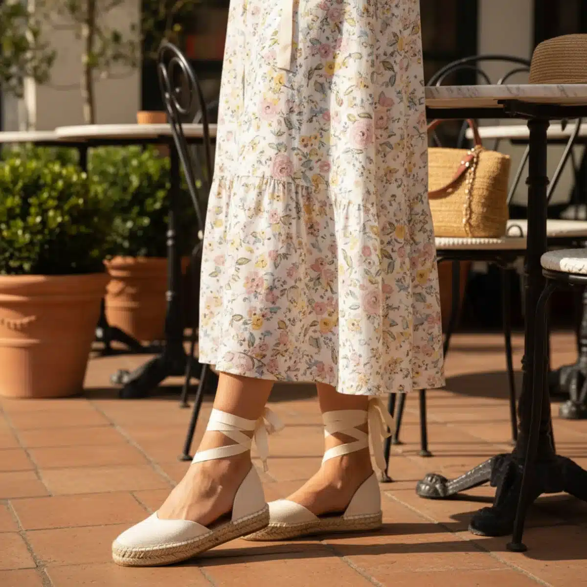 Espadrilles combinadas con vestido floral para un look primaveral.