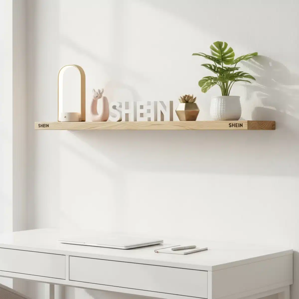 Estantería decorada con artículos de SHEIN para un ambiente de trabajo inspirador.