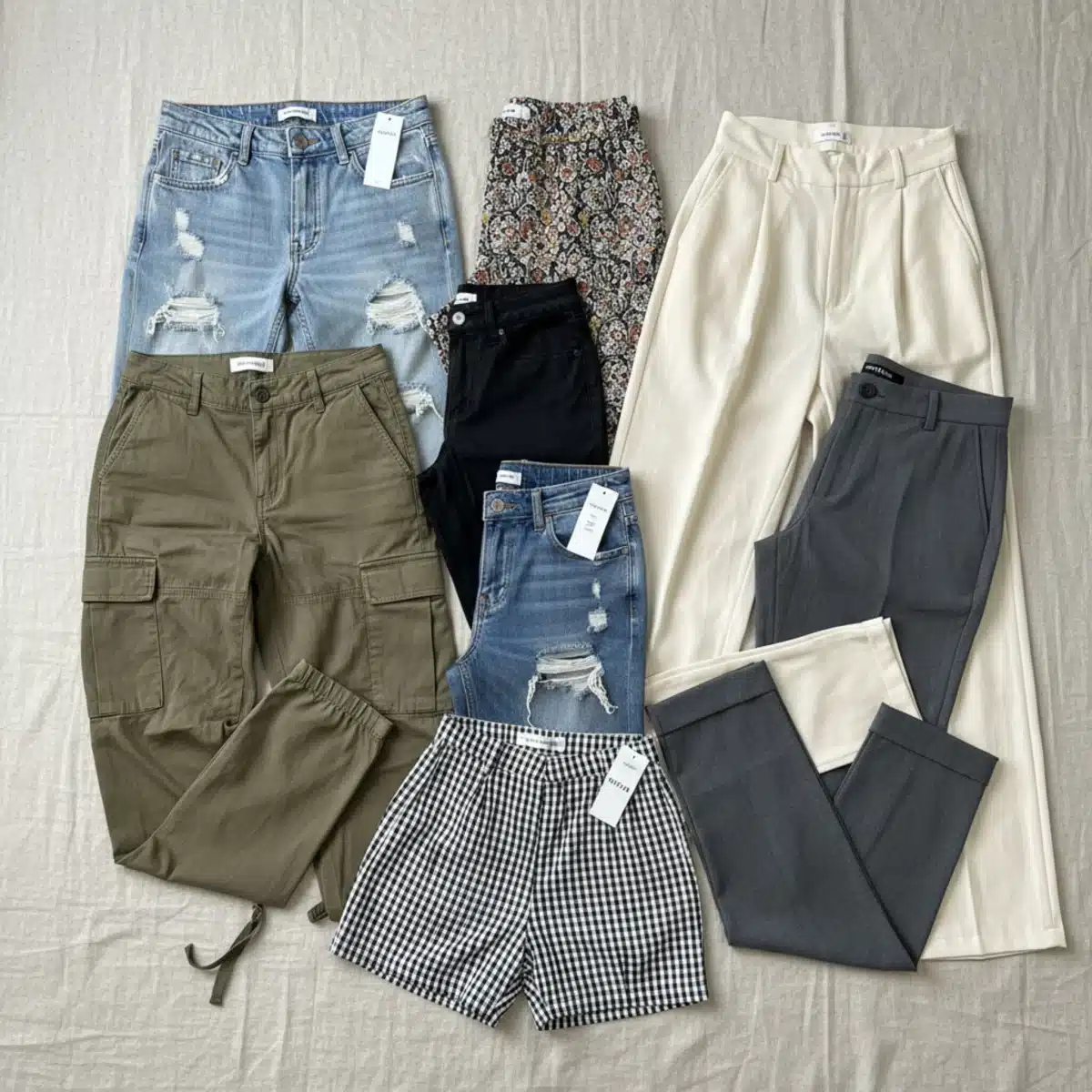 Variedad de pantalones SHEIN de diferentes estilos y texturas en una composición de vista aérea.