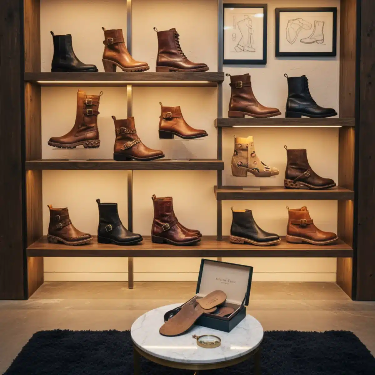 Exhibición elegante de botas y zapatos artesanales terminados, destacando su diseño y materiales de alta calidad.