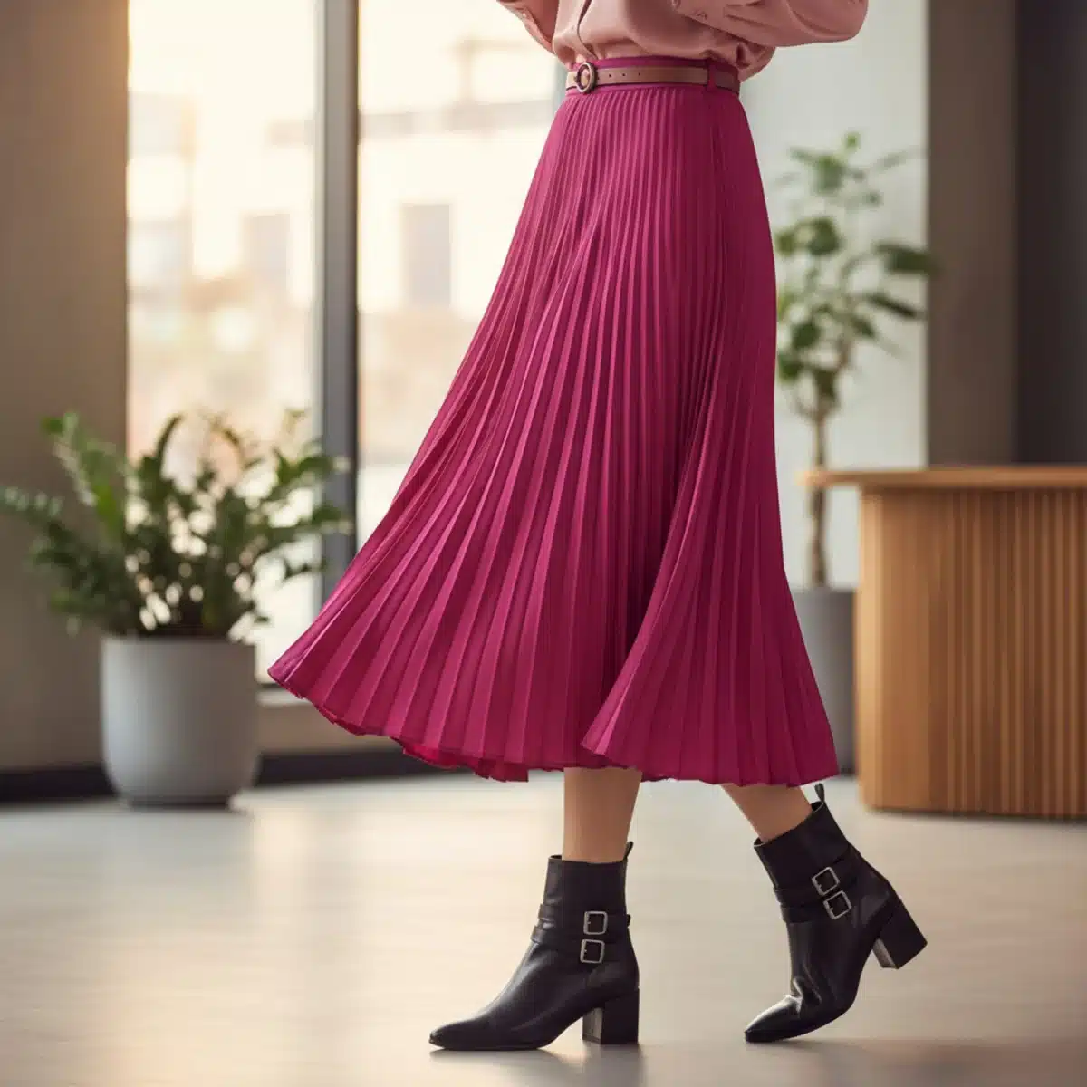 Falda midi plisada SHEIN combinada con botas y blusa, ideal para un look elegante.