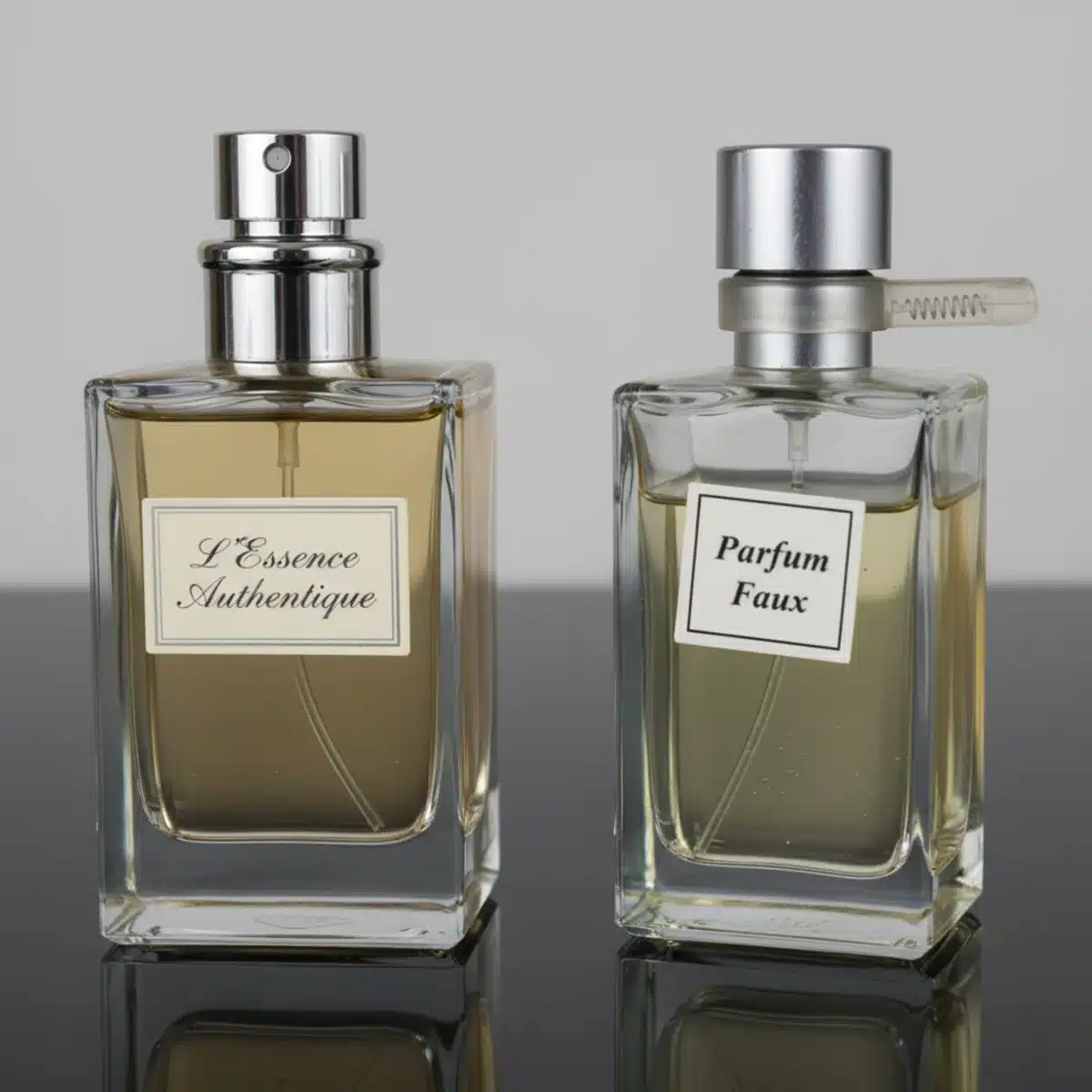 Comparación visual de dos frascos de perfume: uno original sin defectos y uno falso con imperfecciones.